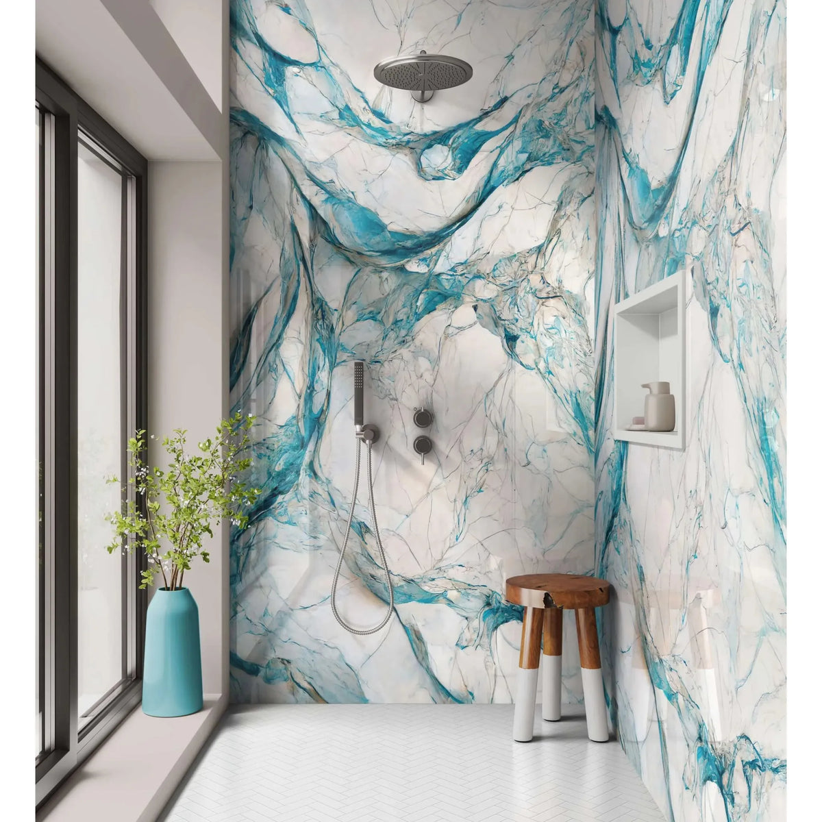 Shower Panel Blue Lamura Marble turquoise and white marble-effect shower panel with a brushed metal shower fixture