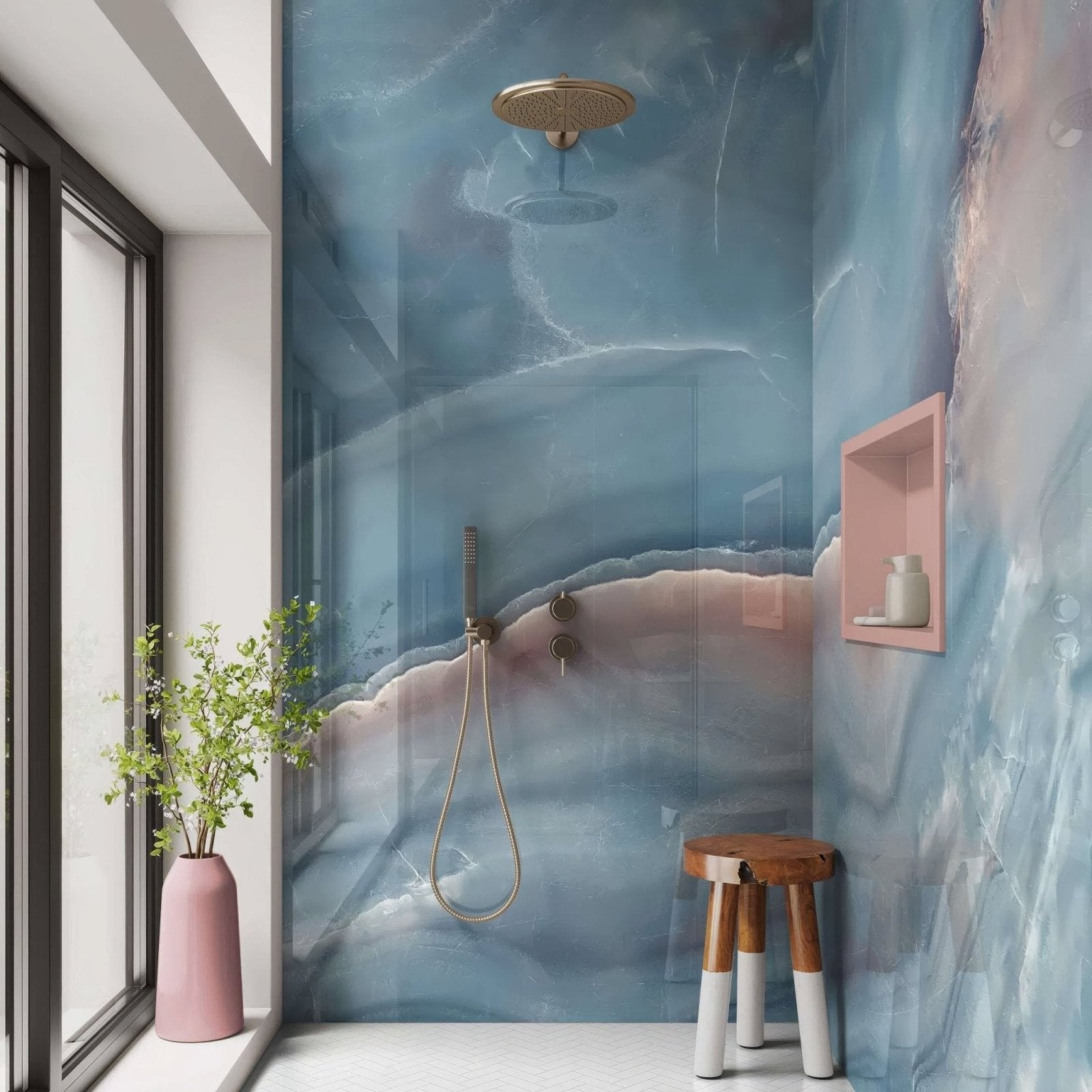 Shower Panel Blue Ocean Marble blue and white marble-effect shower panel with a gold showerhead
