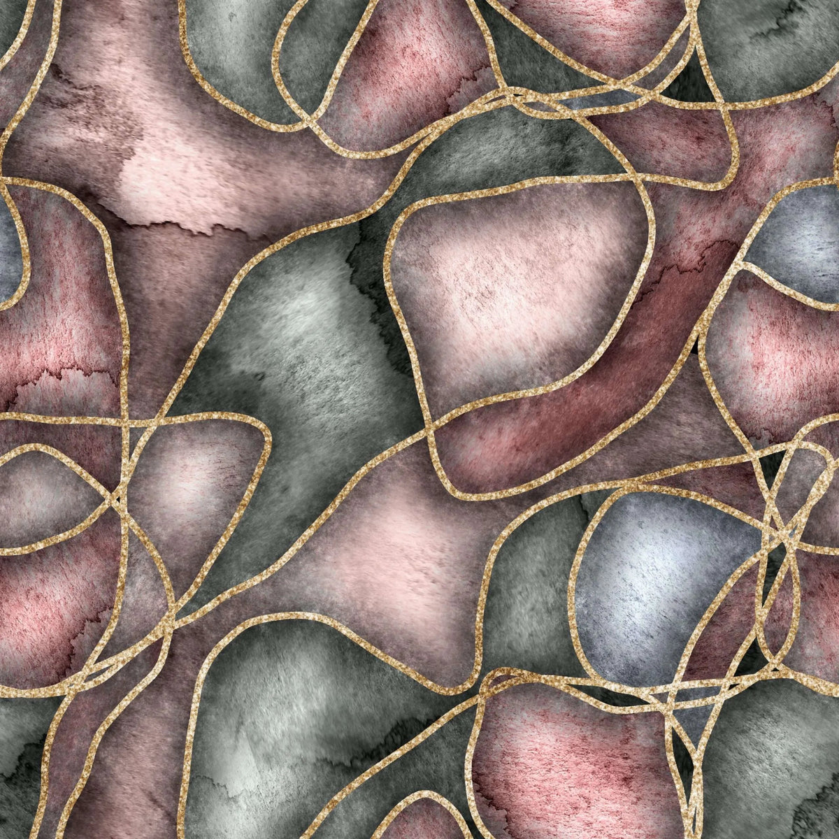 Abstract watercolor pattern with mauve gray and dusty rose hues outlined by gold glitter on shower panel blush gold curves