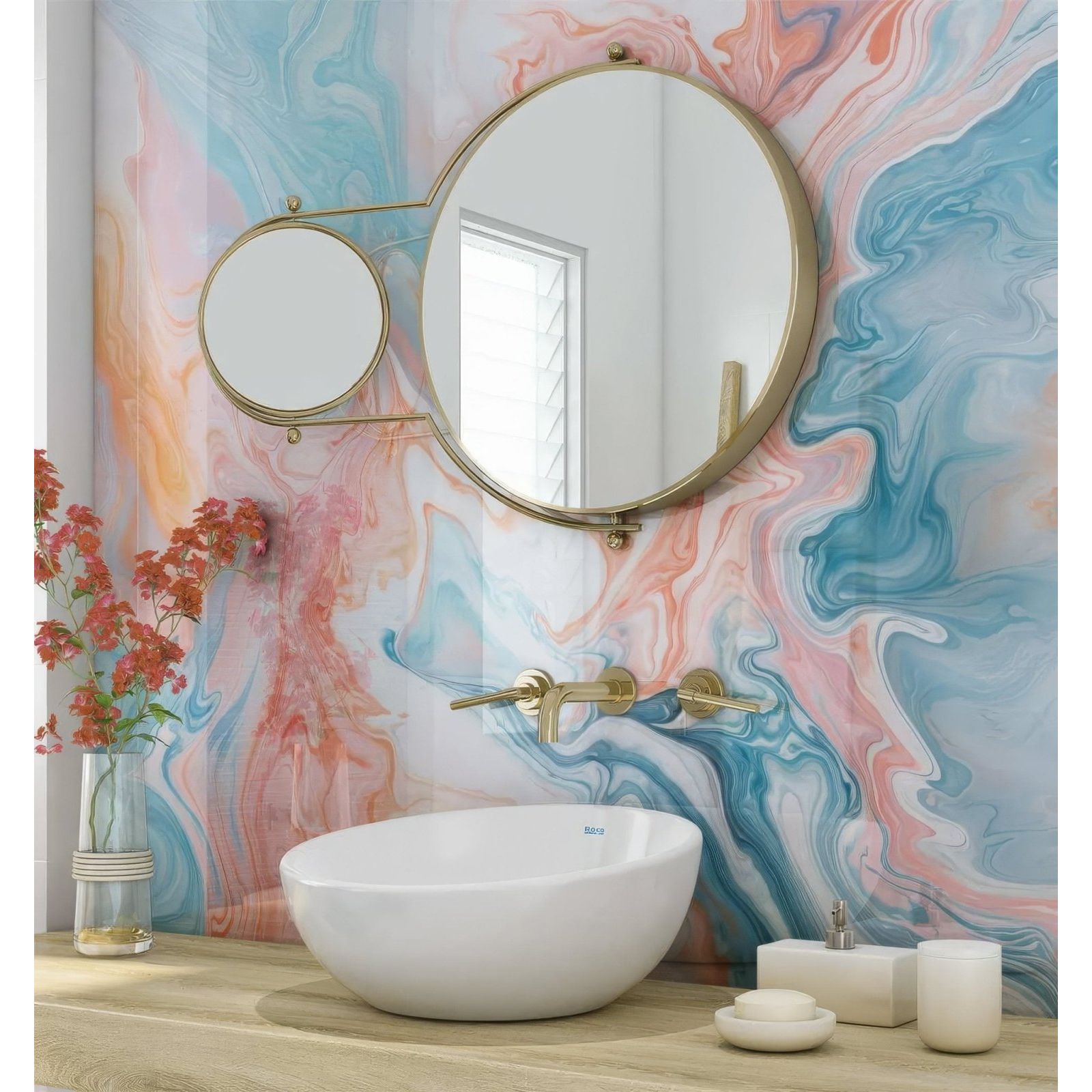 Shower Panel Candy Floss Marble blue, pink and orange marble-effect shower panel with a vessel sink
