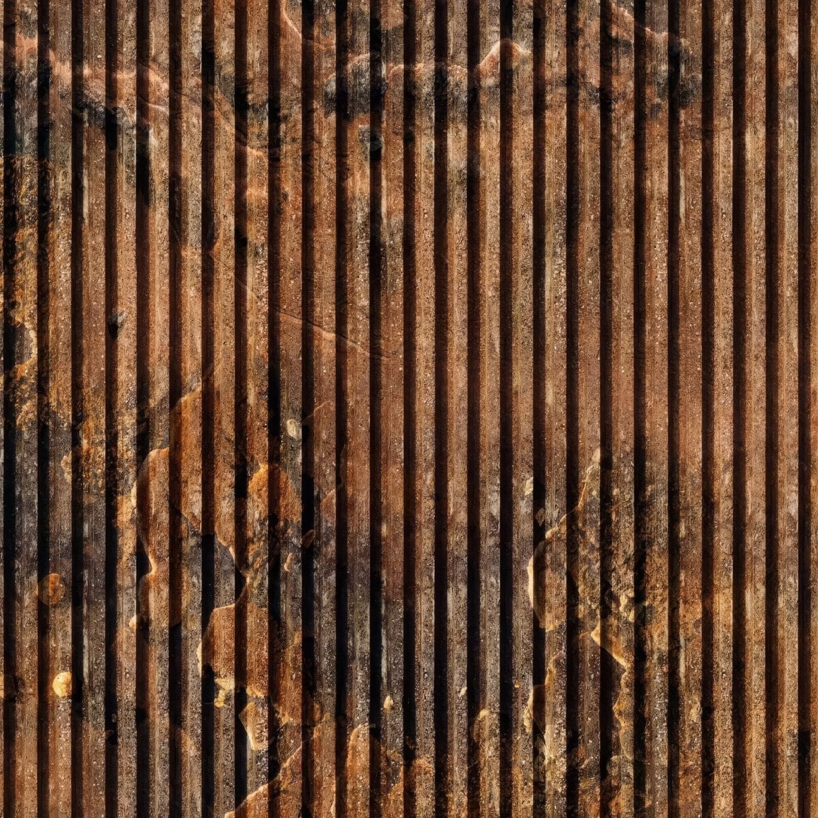 Weathered brown corrugated metal sheet with vertical ridges and rust stains for shower panel copper concrete slat wall