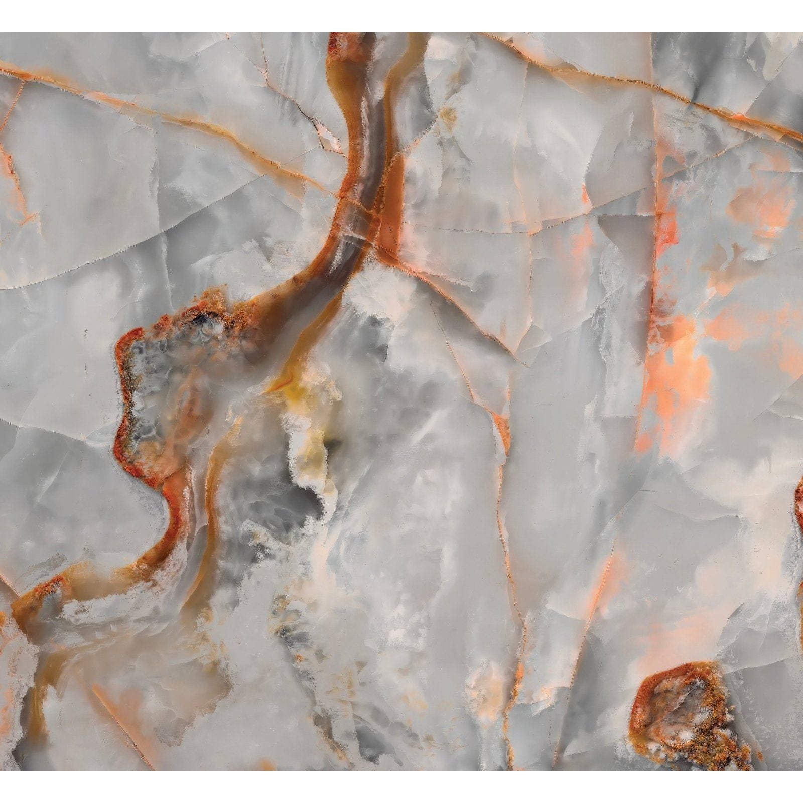 Gray marble shower panel with swirling orange and brown copper marble veining for elegant bathroom decor
