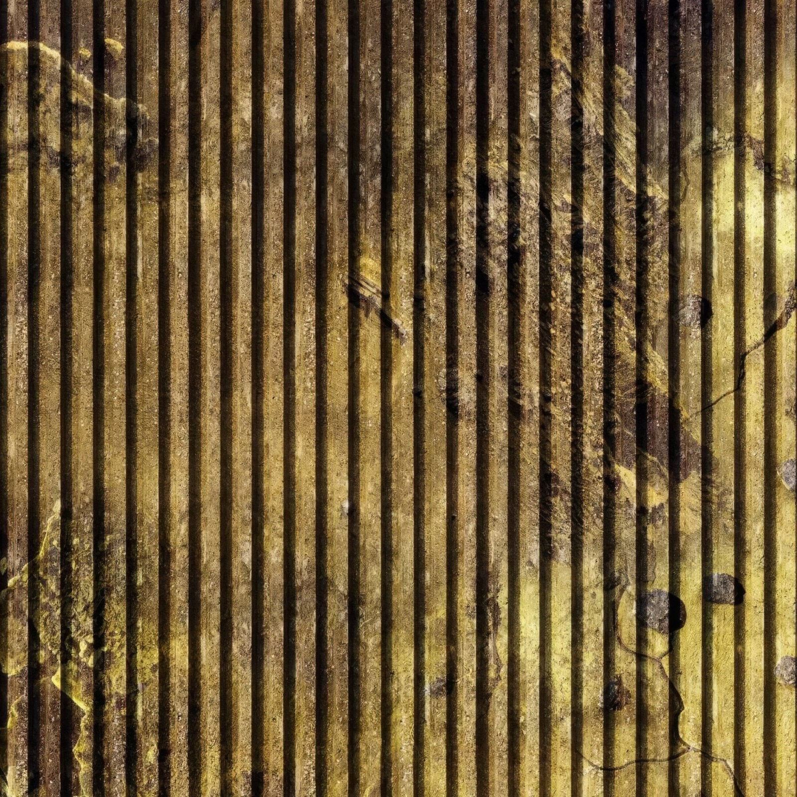 Weathered shower panel gold concrete slat effect with corrugated metal texture and rust patches on vertical ridges