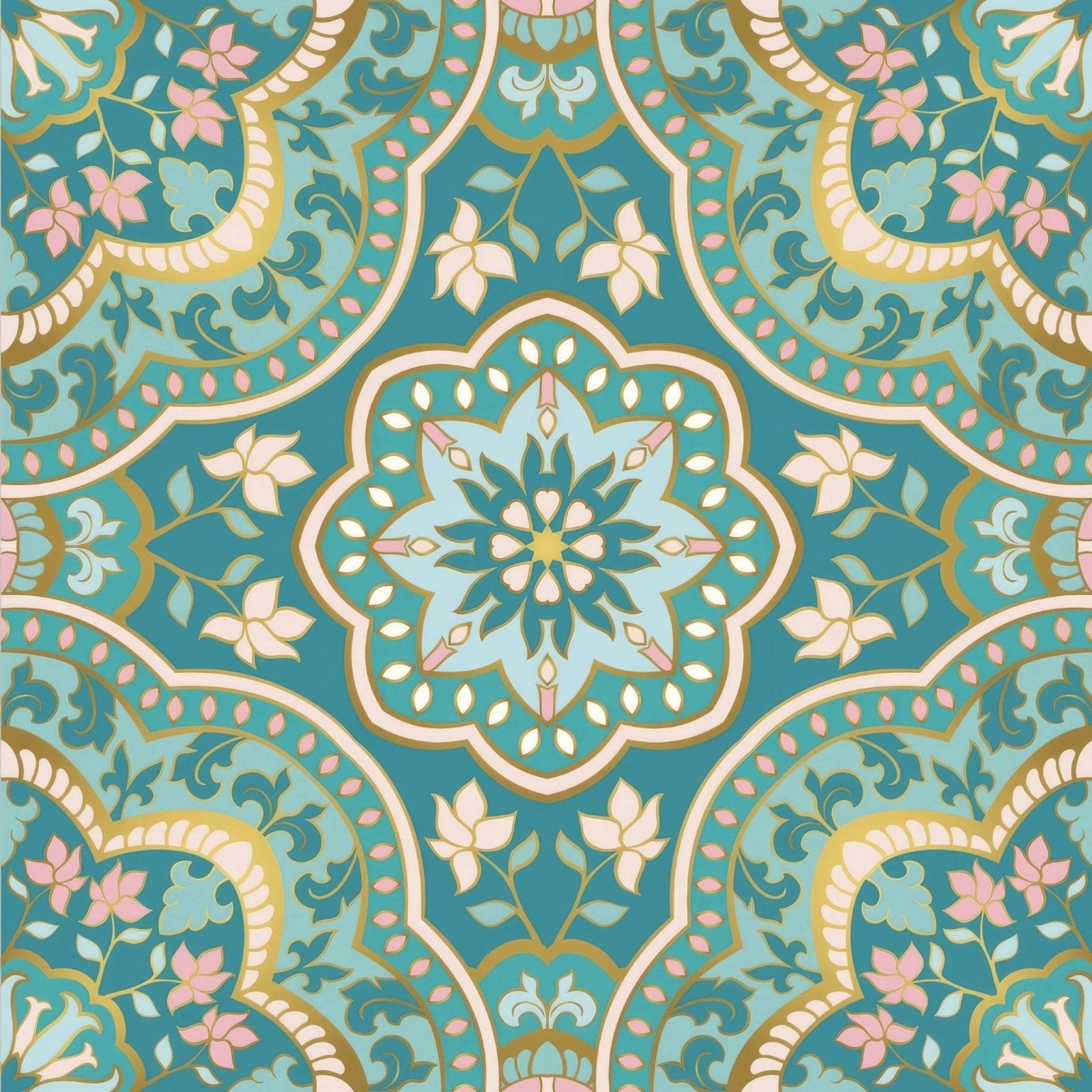 Shower panel indian floral mandala with teal and gold ornate floral wallpaper and symmetrical mandala design