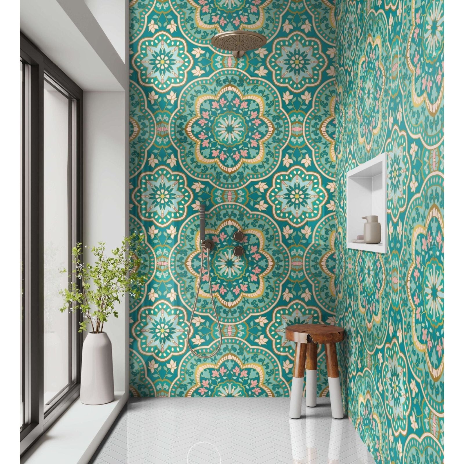 Vibrant teal and gold shower panel with indian floral mandala pattern and intricate floral accents for bathroom decor