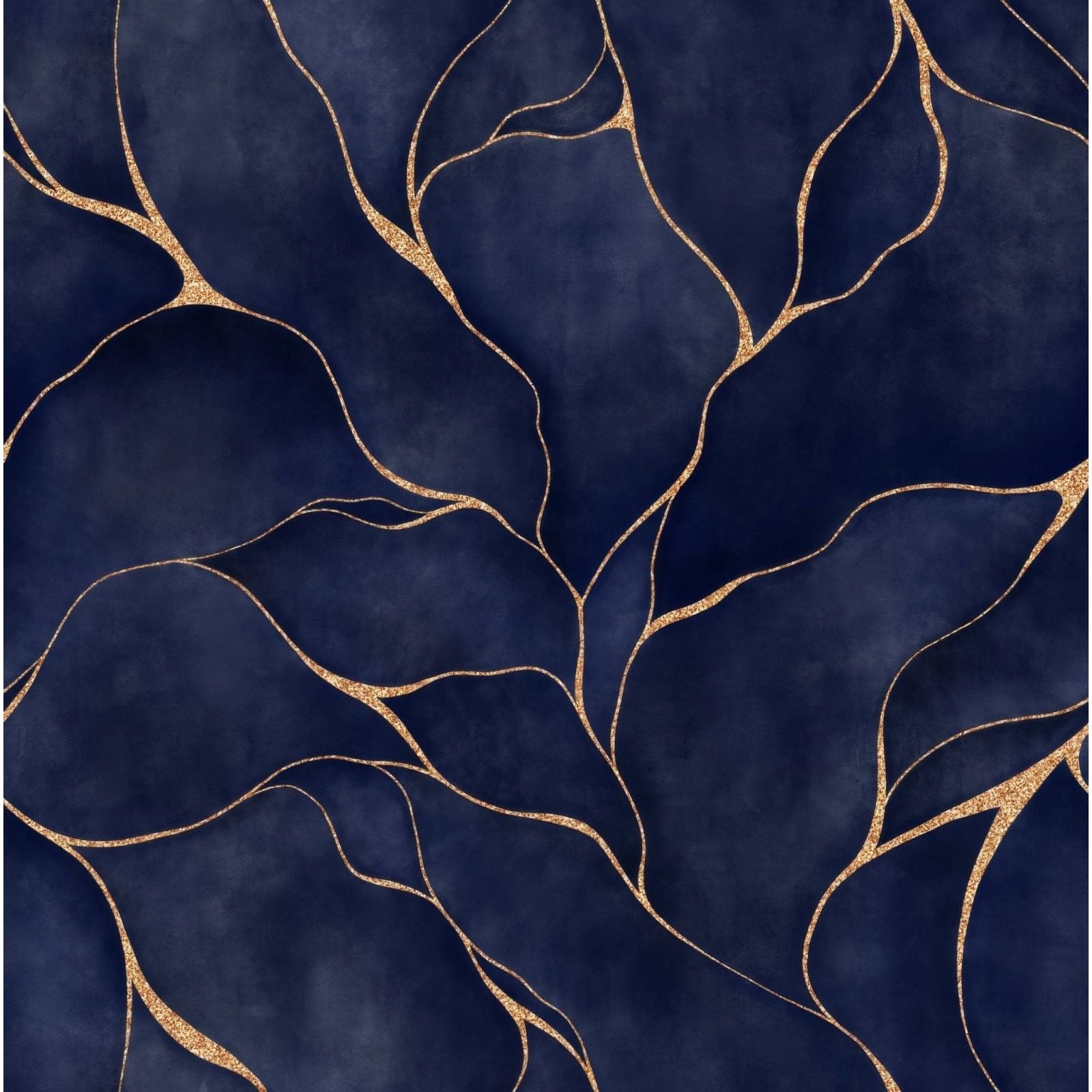 Shower panel kintsugi blue featuring deep navy wallpaper with shimmering gold glitter leaf patterns