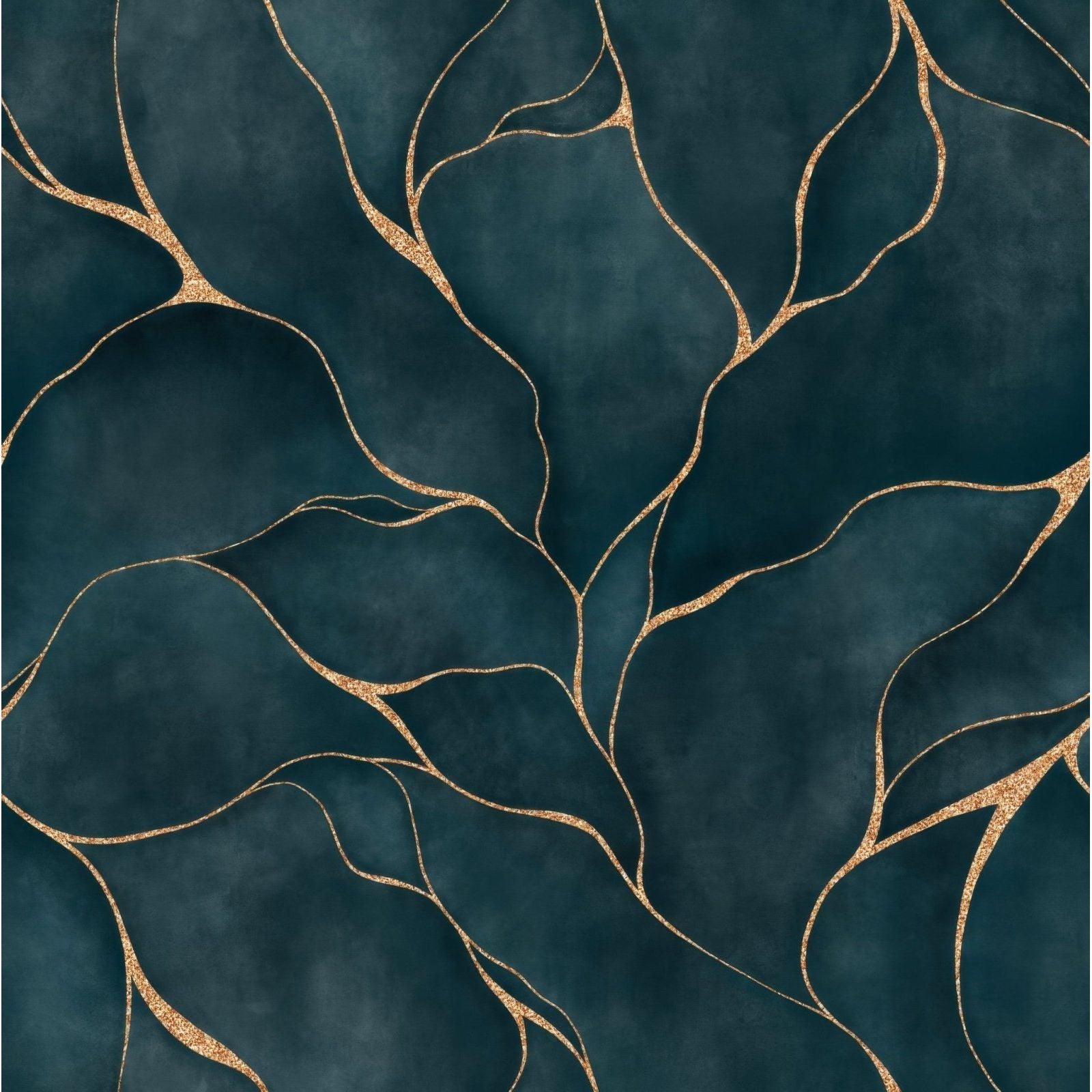 Shower panel kintsugi teal featuring deep teal wallpaper with shimmering gold glitter leaf veins for bathroom decor