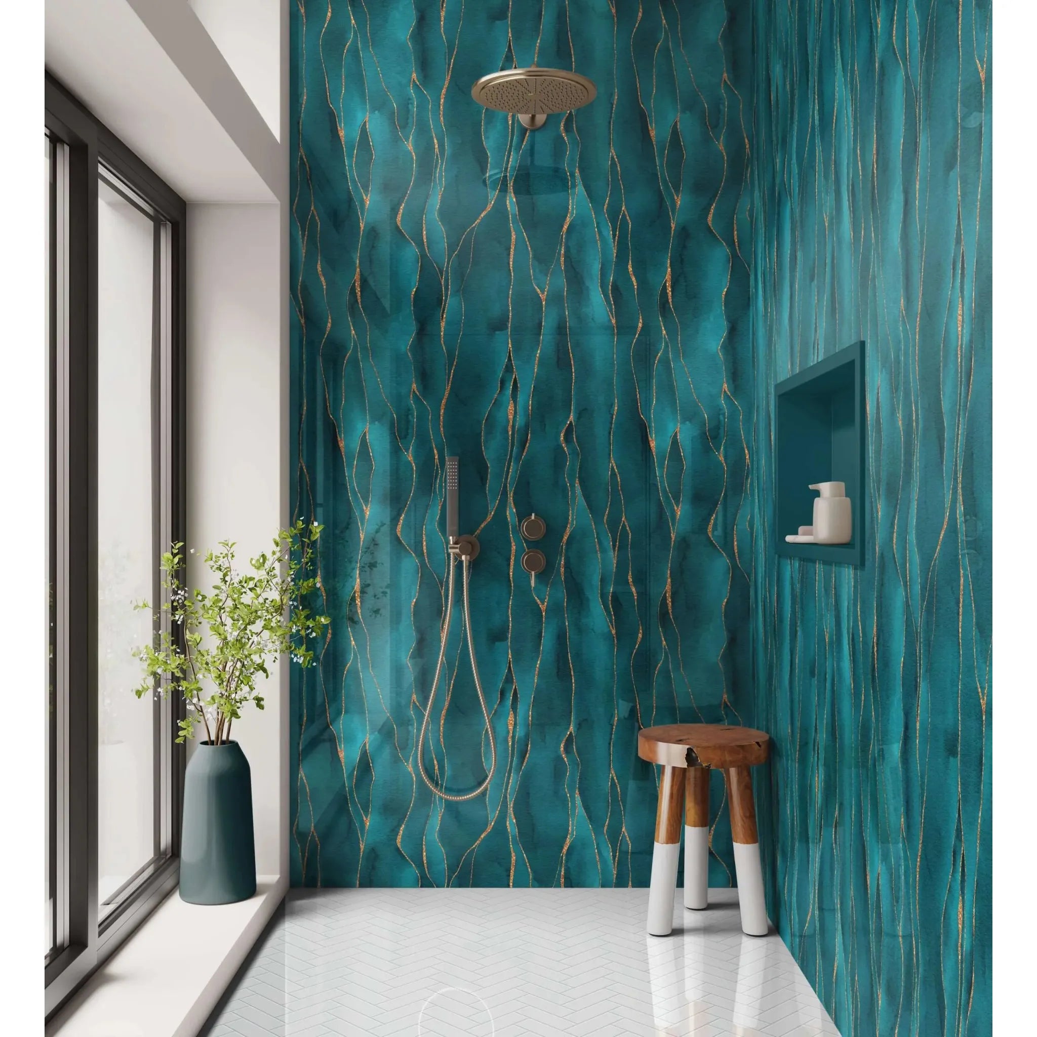 Teal and gold veined shower panel kintsugi turquoise with glossy marble-like finish for bathroom walls