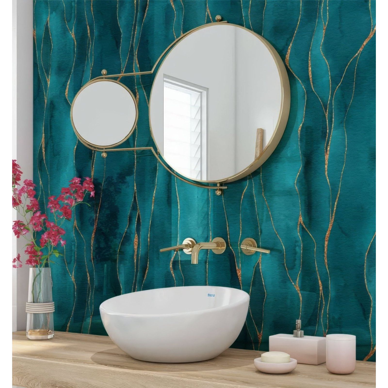White ceramic vessel sink with gold-toned faucet and matching wall-mounted mirrors in shower panel kintsugi turquoise
