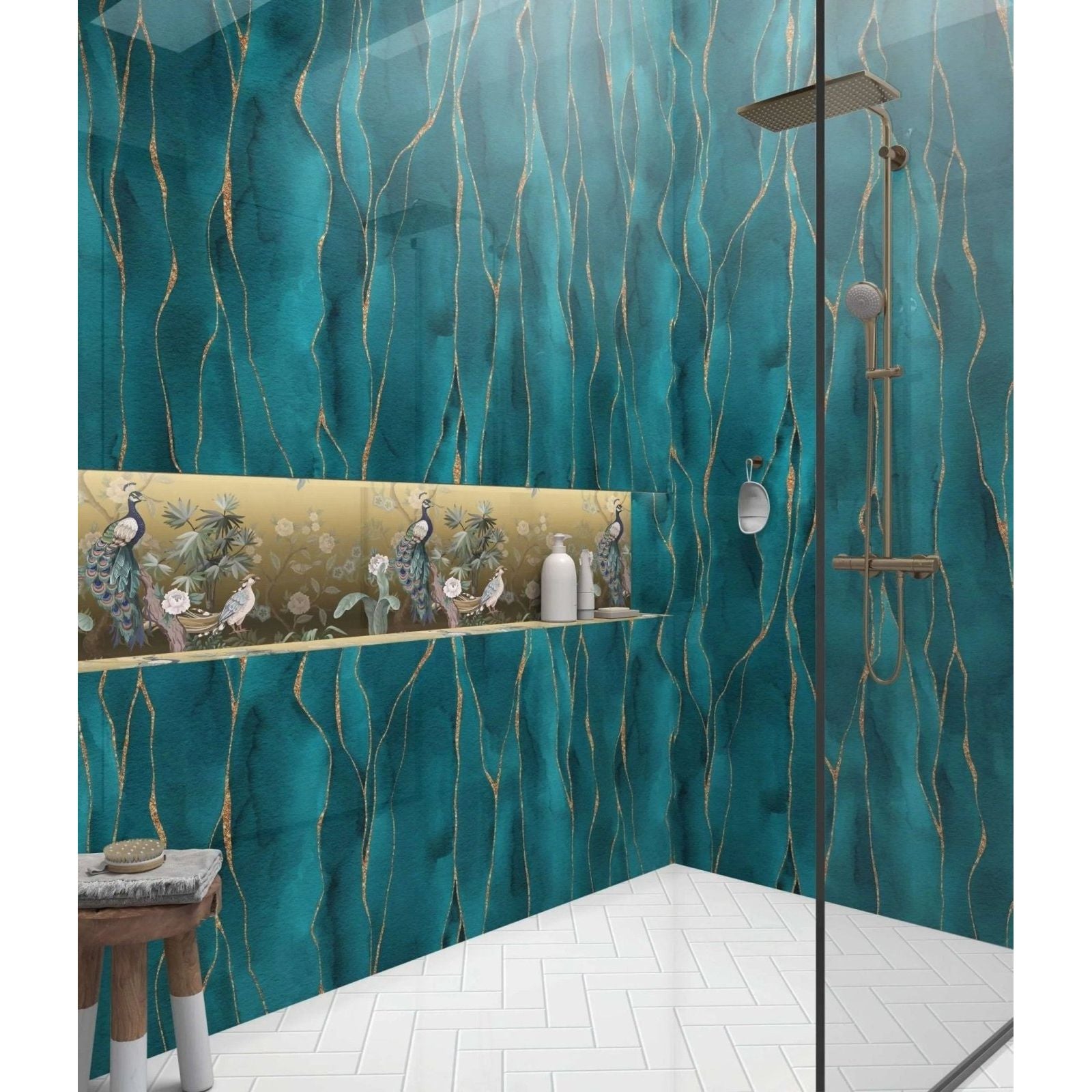 Shower panel kintsugi turquoise featuring teal and gold veined bathroom tile with a decorative peacock illustration shelf