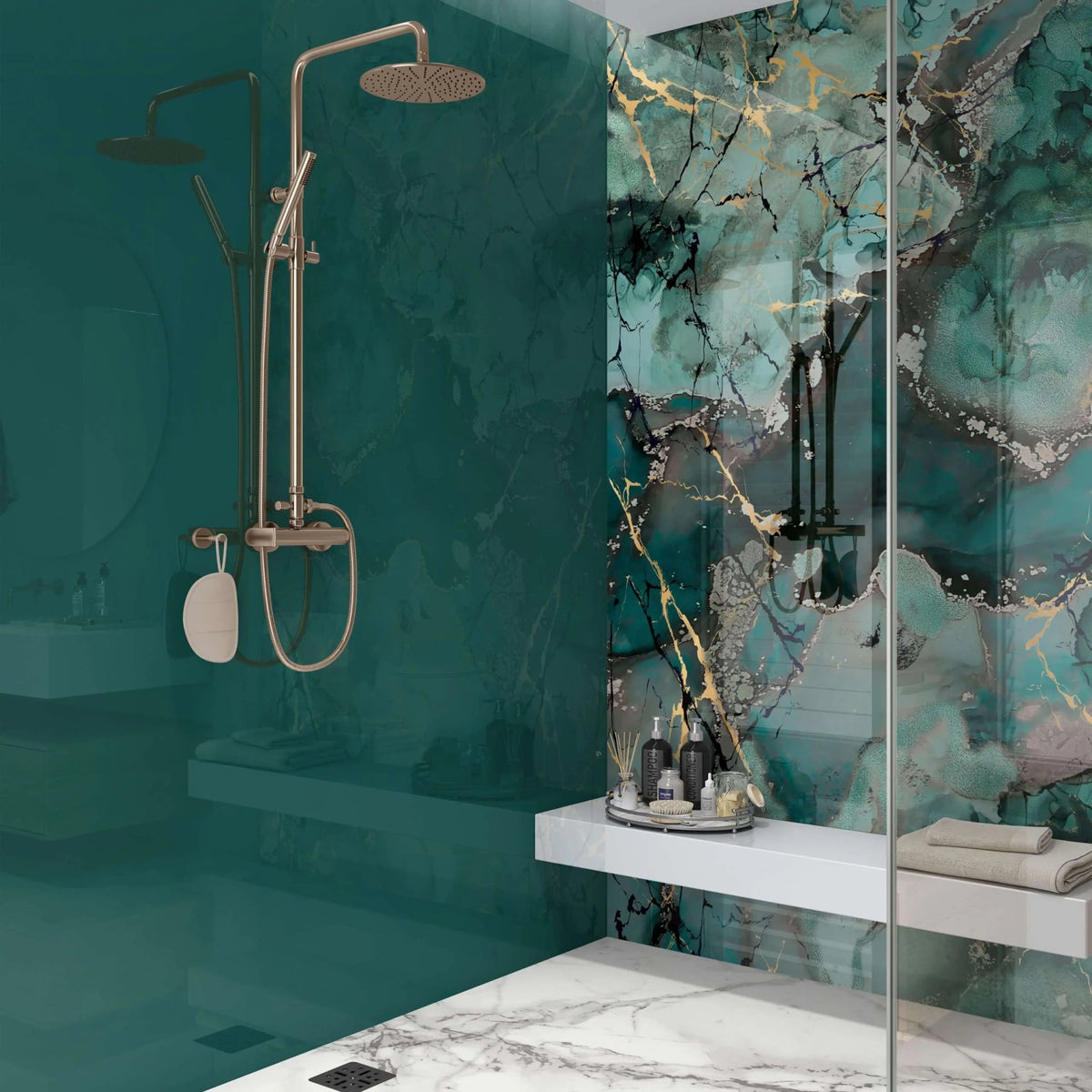 Modern brushed brass showerhead with sleek curved design and perforated spray face for shower panel liquid marble teal