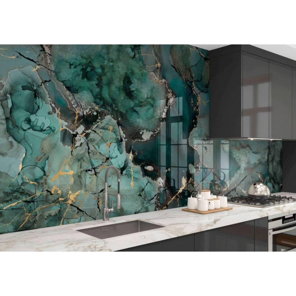 Shower panel liquid marble teal featuring a teal and gold marble-patterned kitchen backsplash design