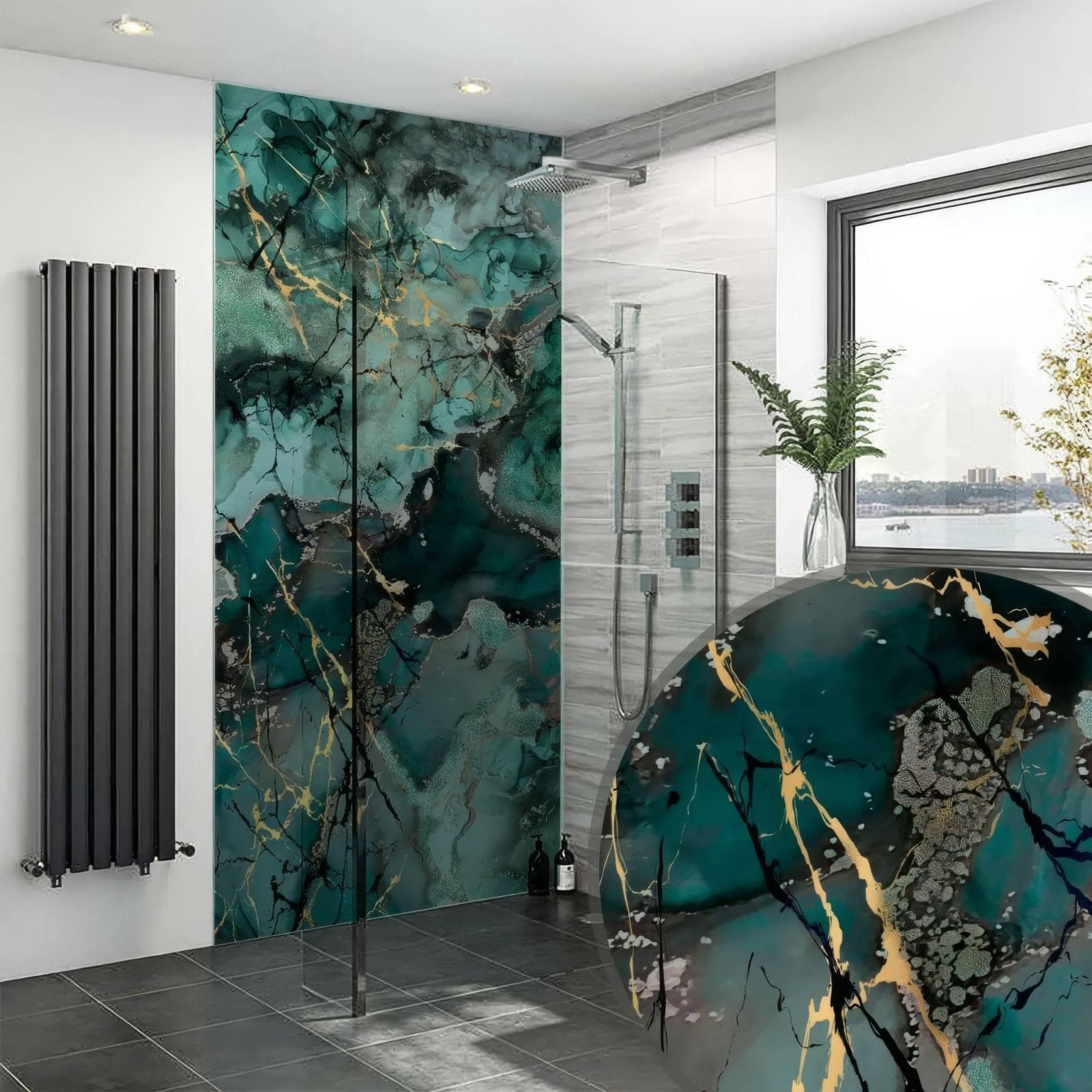 Teal and gold marble-patterned liquid marble shower panel wall panel for bathroom decor and protection