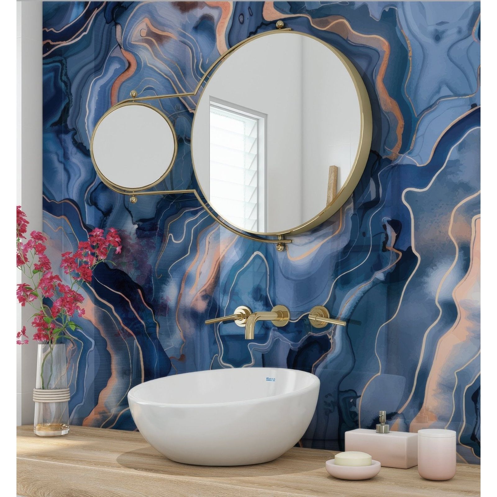 Shower Panel Marble Alcohol Ink in Blue blue marble-effect shower panel with a bowl sink and gold tap