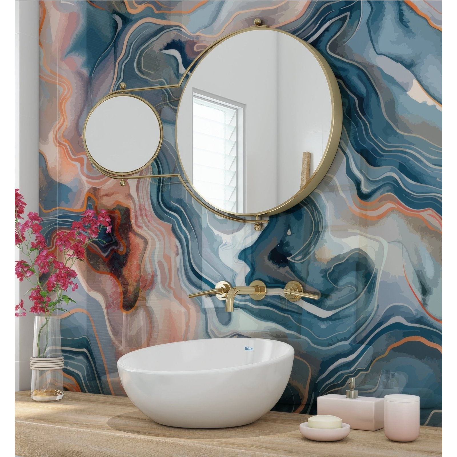 Shower Panel Marble Alcohol Ink in Peach & Blue blue and peach marble-effect shower panel with a vessel sink