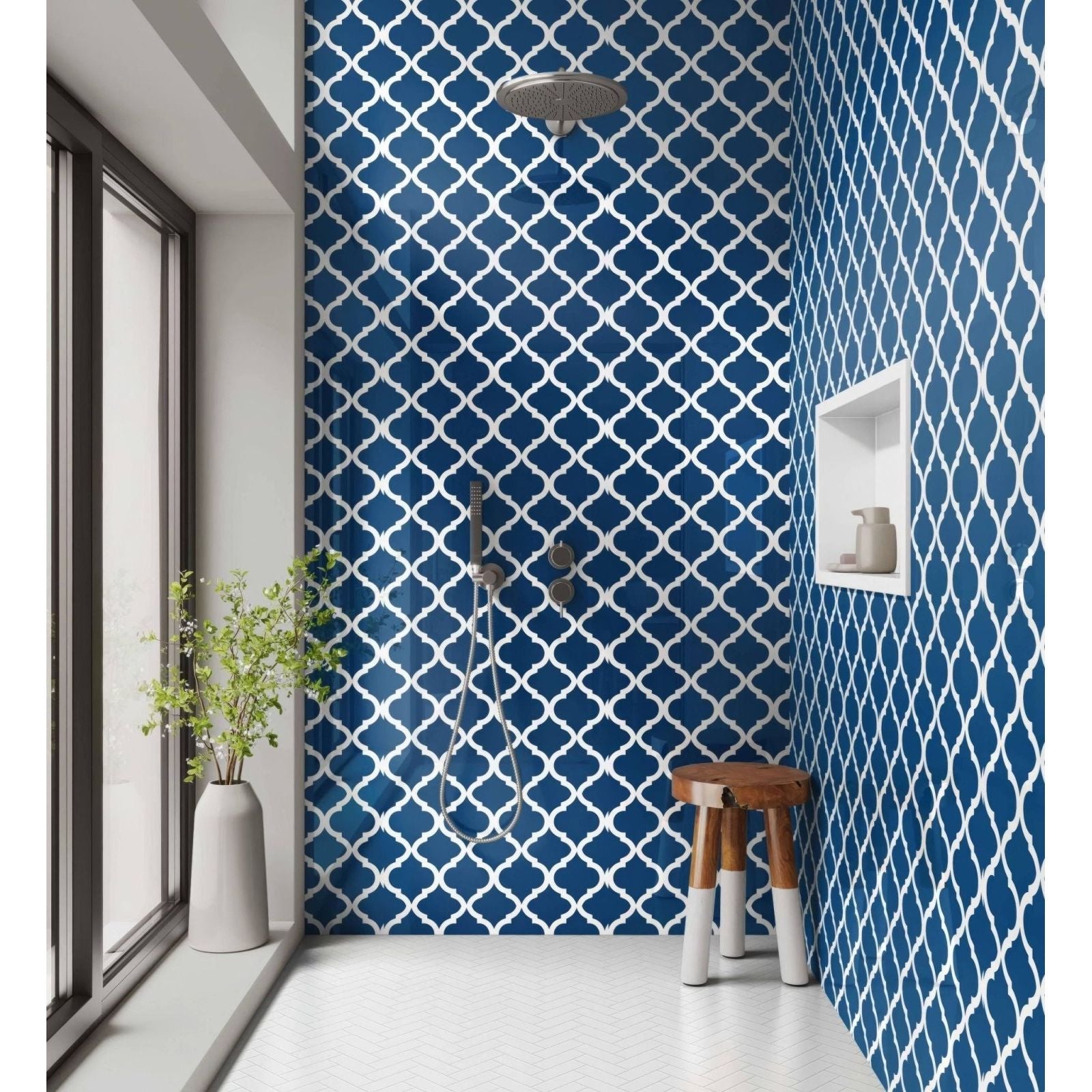 Shower panel navy white quatrefoil with blue and white geometric patterned bathroom tiles for wall decor