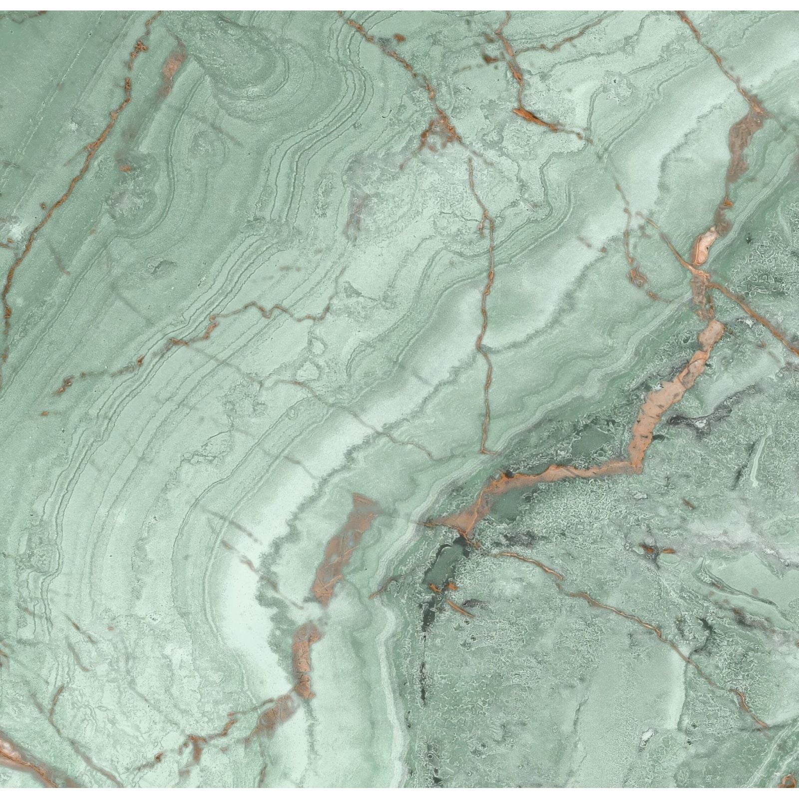 A smooth polished olive green marble shower panel with swirling patterns and subtle coppery veins