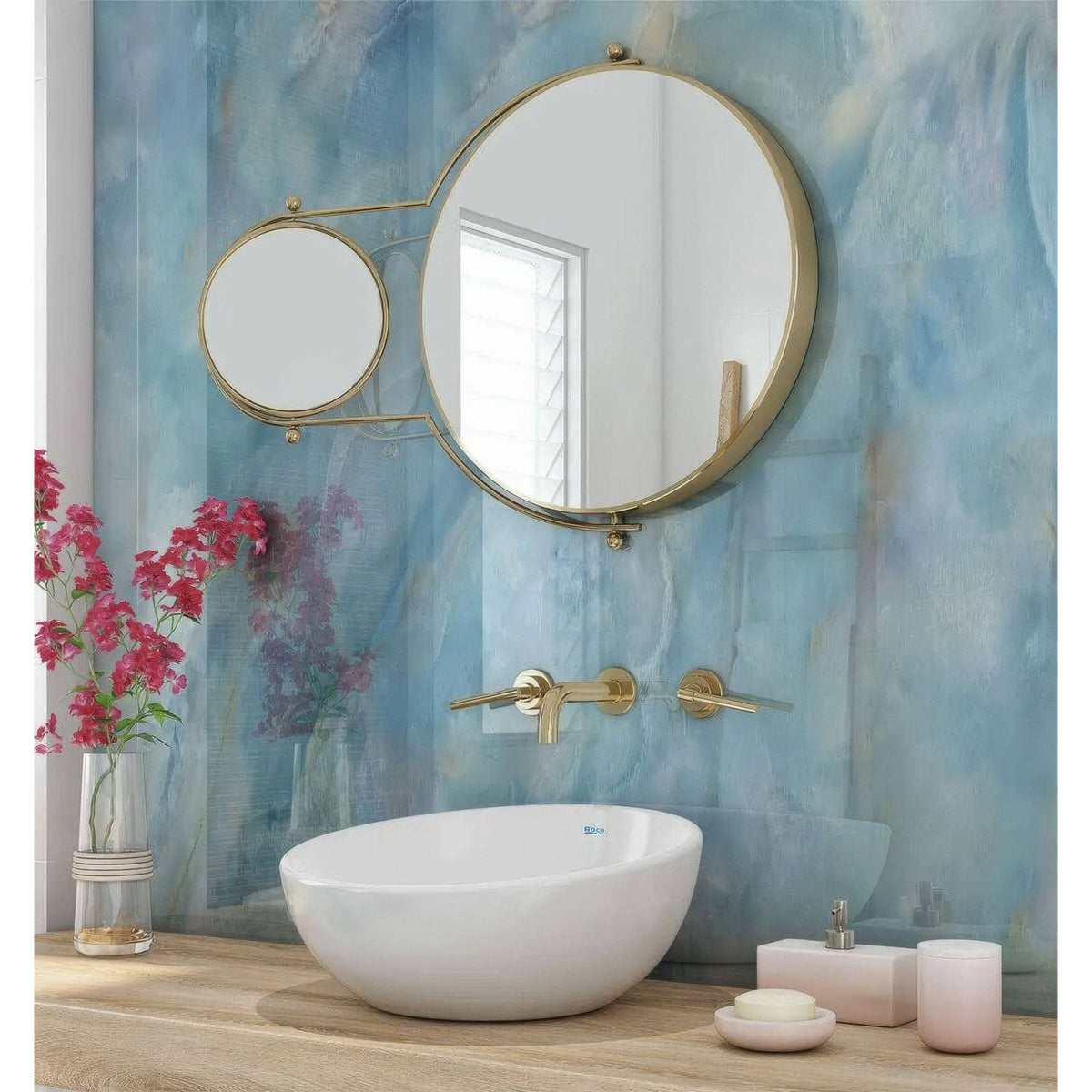 Gold-framed circular wall mirror with detachable magnifying circle for shower panel onyx crystal carte d’or blue