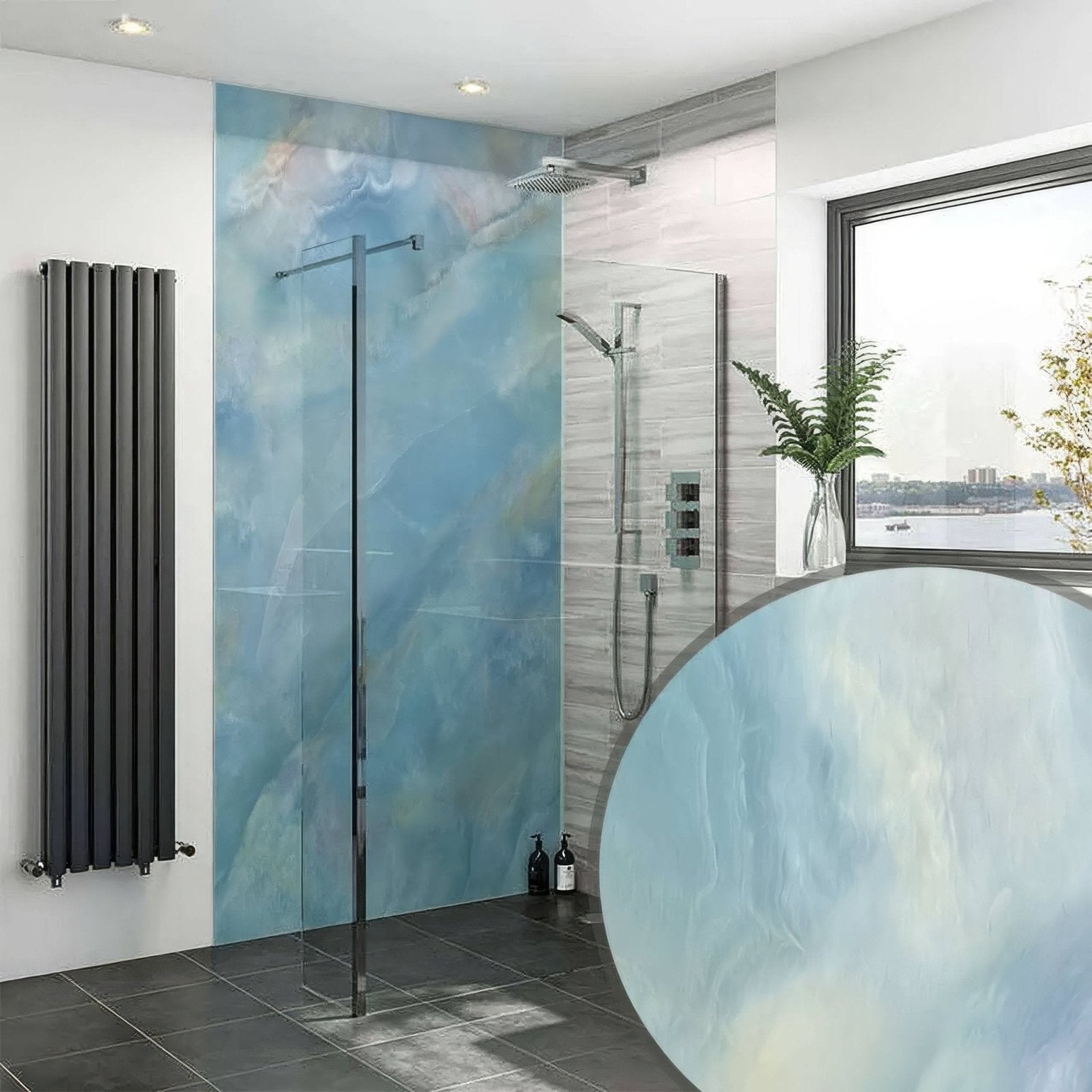 Blue marble-effect shower panel onyx crystal carte d’or blue with subtle white veining for bathroom walls