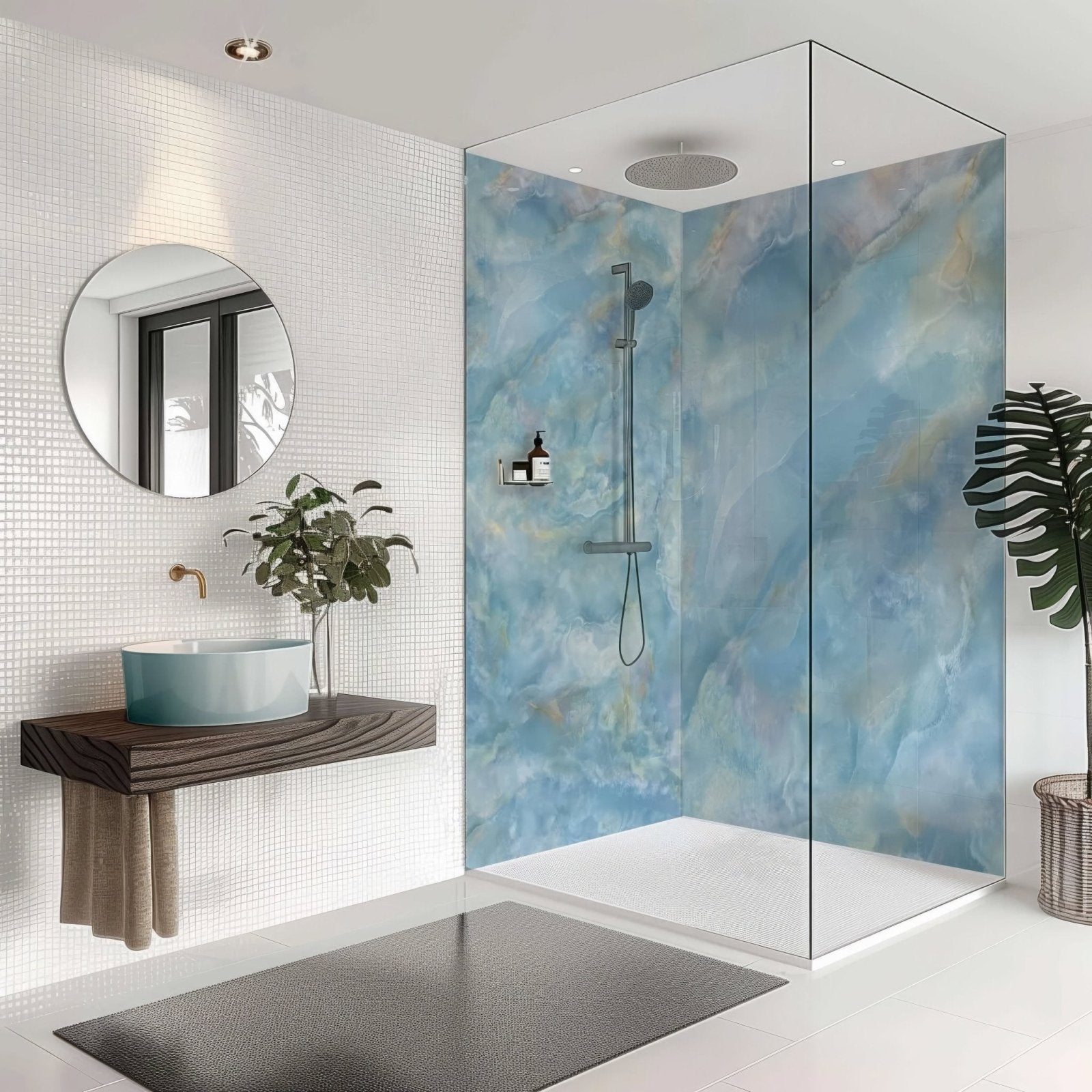 Shower panel ony crystal carte d’or blue with a glass door featuring a blue and white marble patterned film