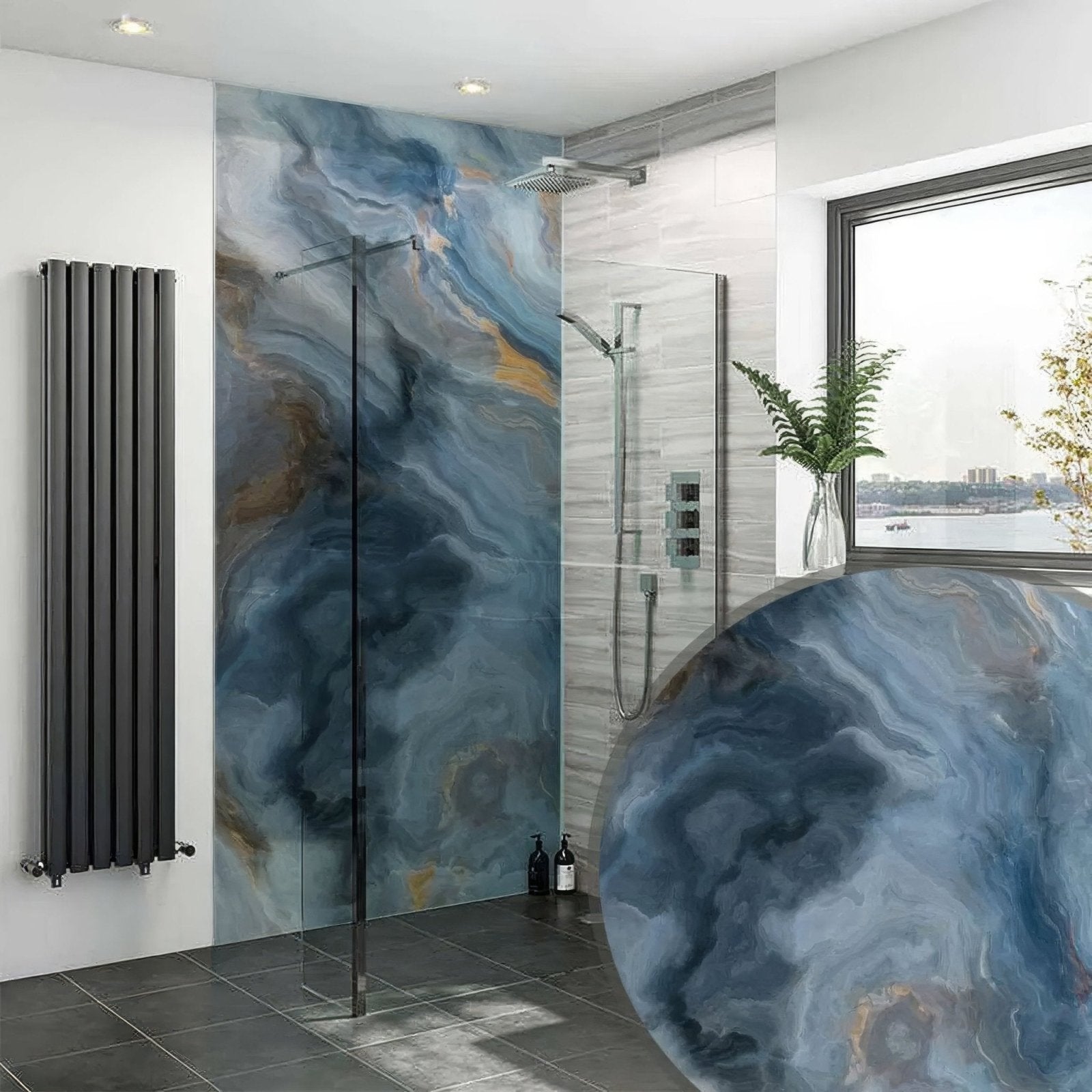 Shower panel onyx crystal dark with blue and grey marbled wall panel featuring swirling patterns for bathroom use