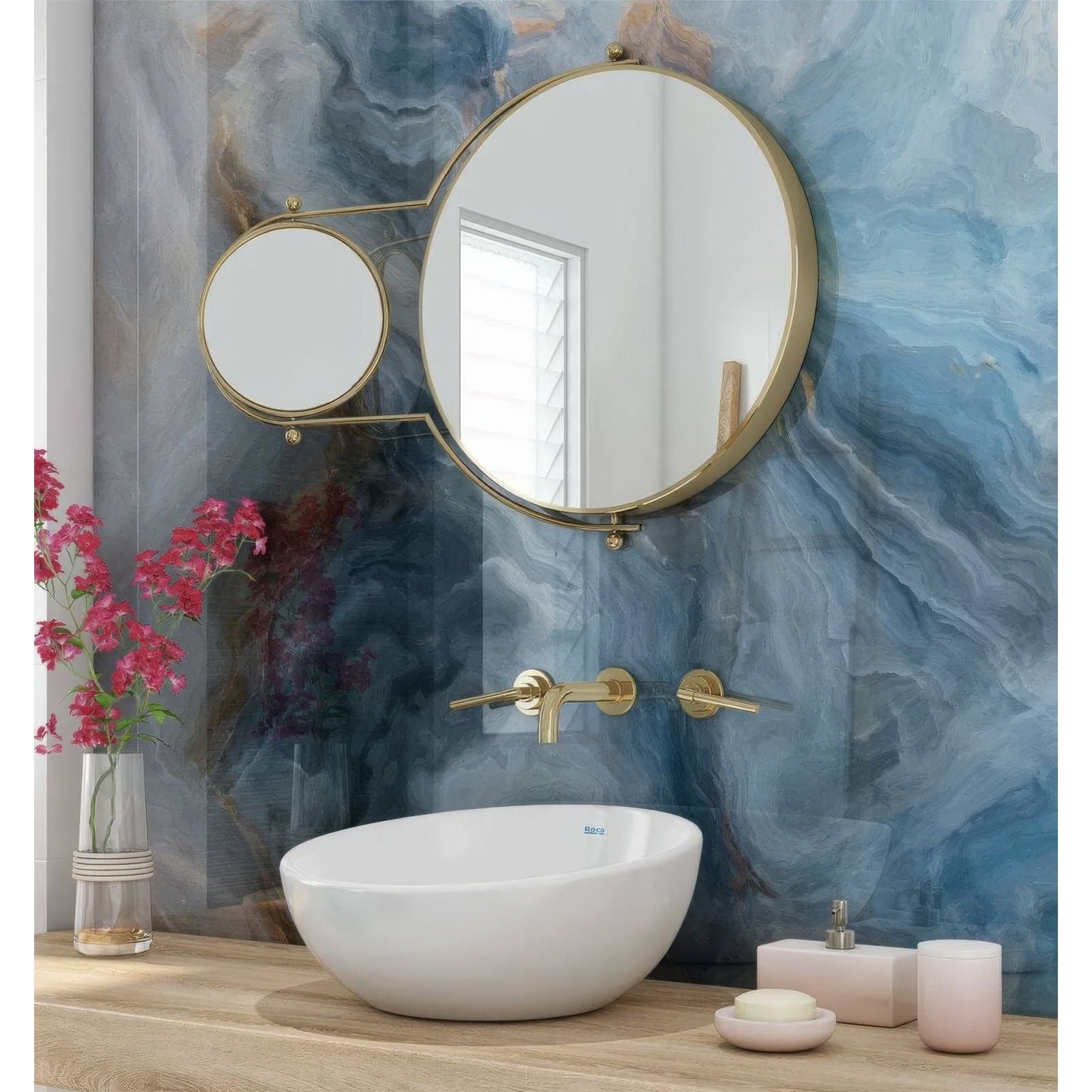Gold-framed circular vanity mirror with smaller magnifying mirror on articulated arm for shower panel onyx crystal dark