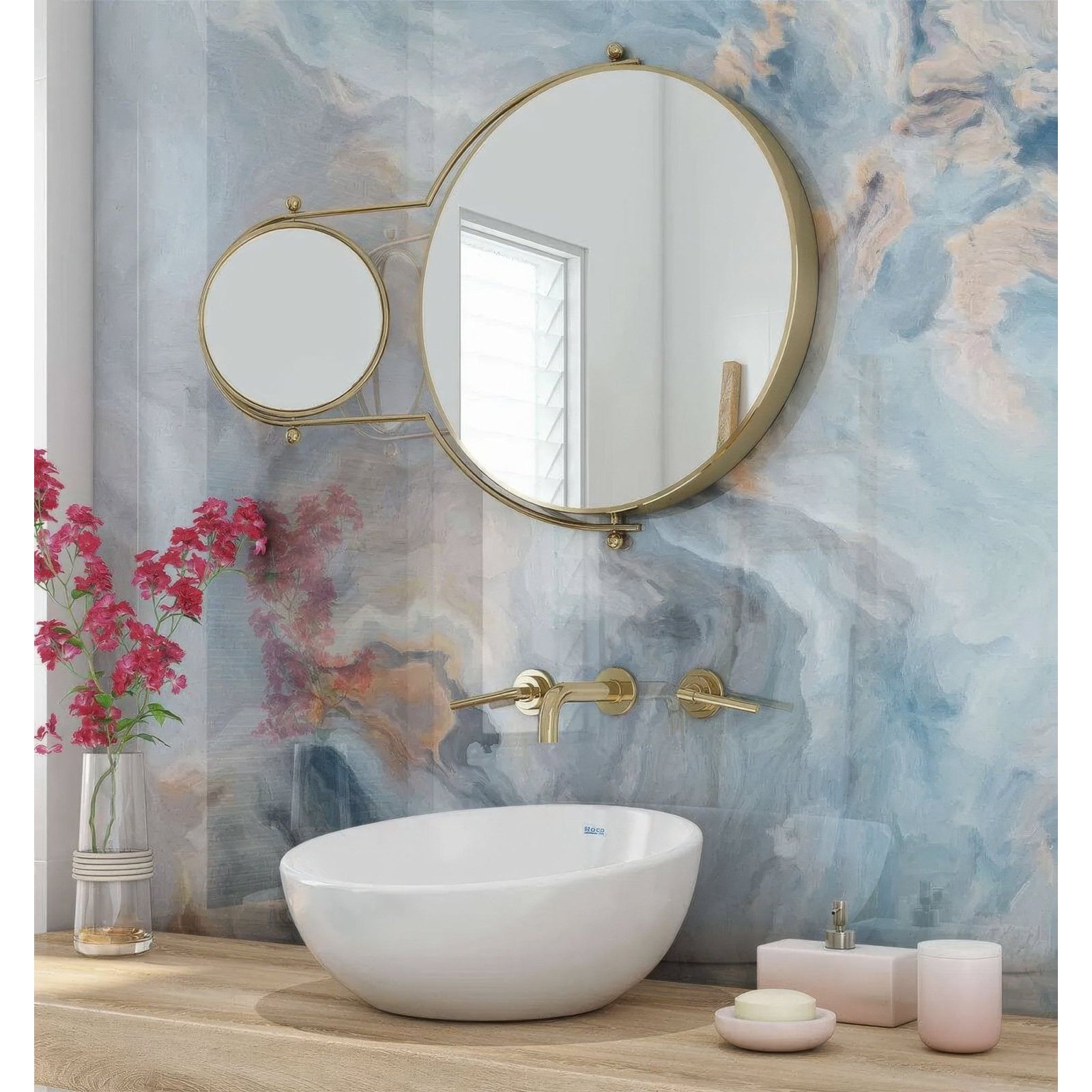 Gold-framed circular shower panel onyx crystal light with a smaller detachable magnifying mirror for detailed use
