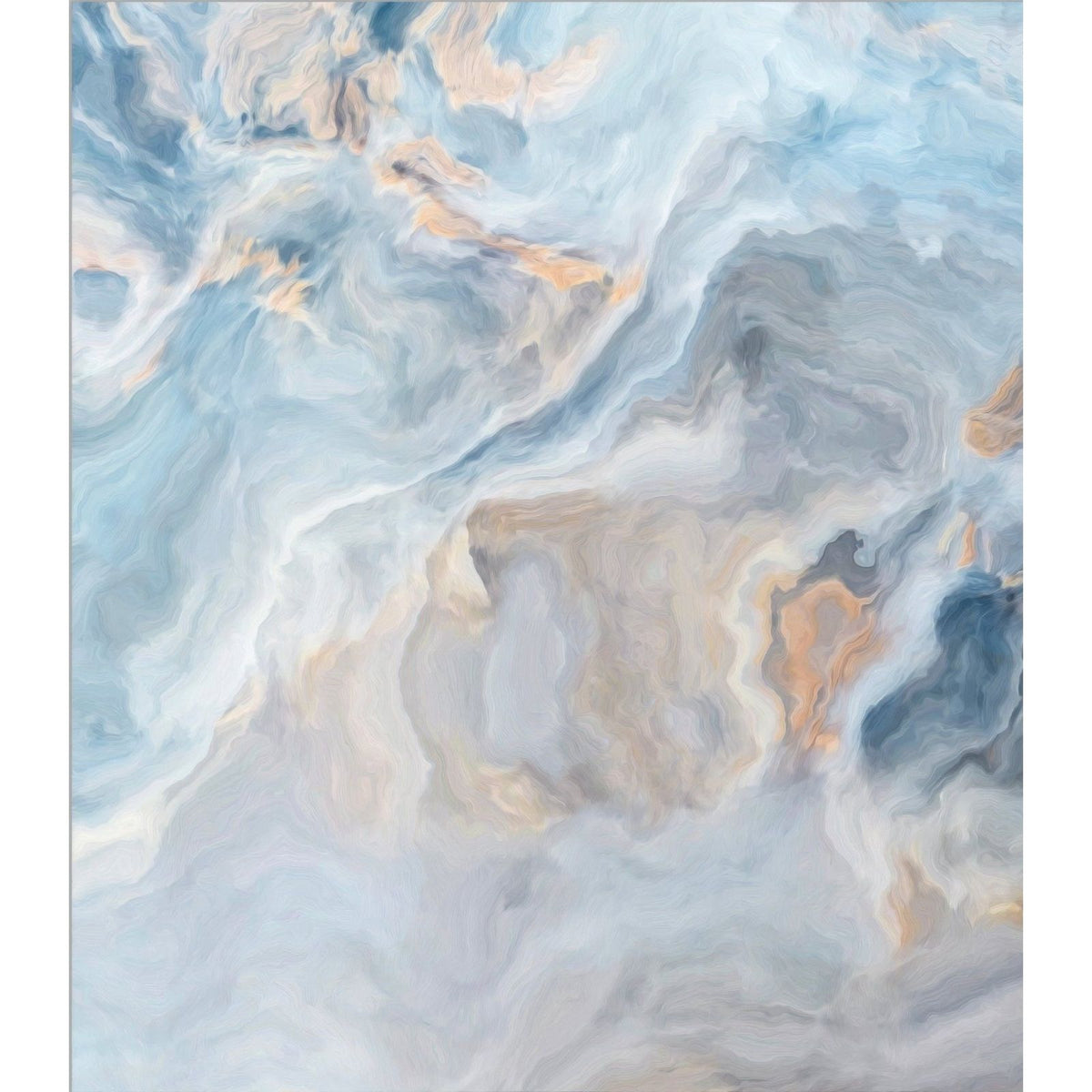Shower panel Onyx Crystal Light with abstract marble-patterned wall art in light blue gray and beige tones