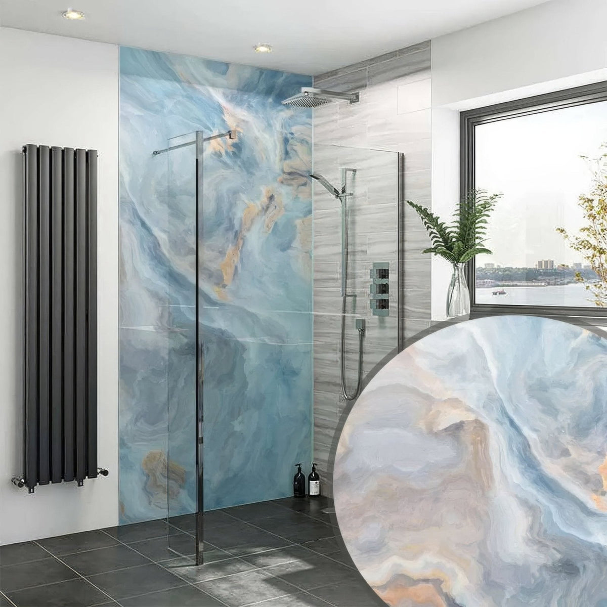 Blue and white marble-effect shower panel with swirling patterns for bathroom wall cladding Onyx Crystal Light