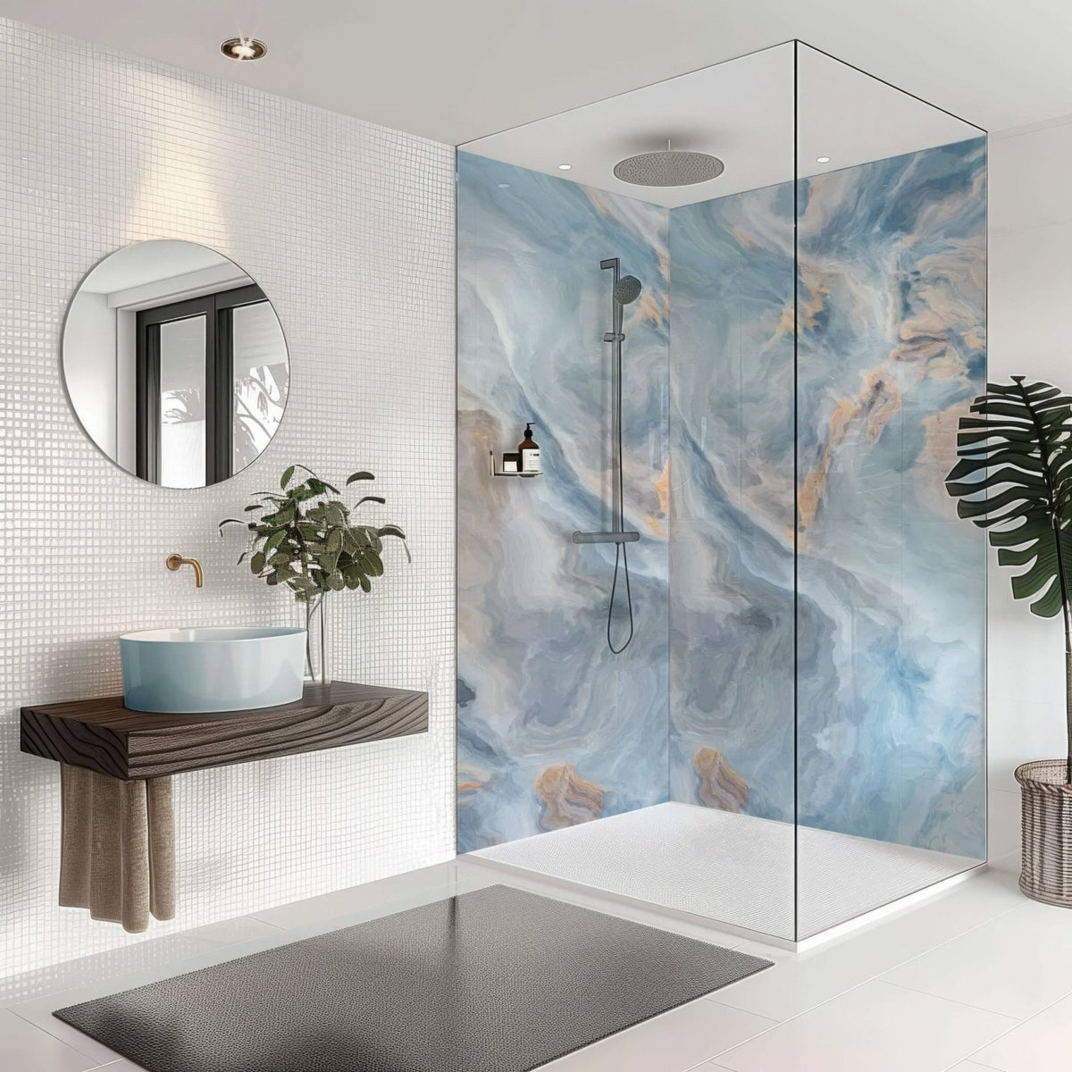 The shower panel onyx crystal light features a glass enclosure with blue marble-patterned walls and golden veining accents