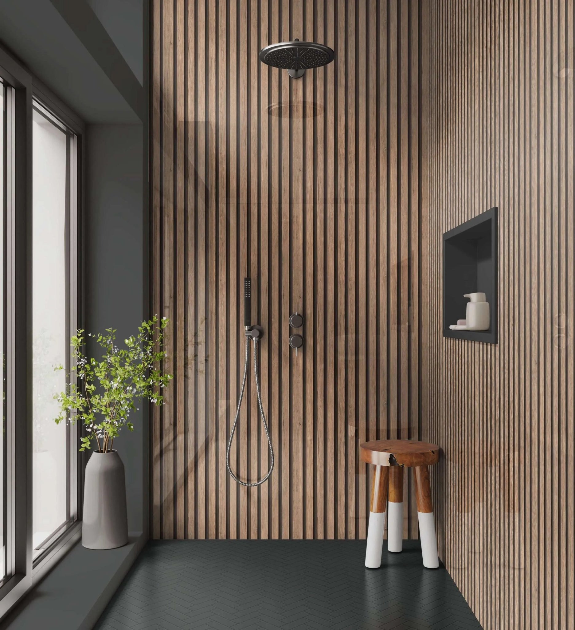 Shower Panel Pale Walnut Acoustic Slatted