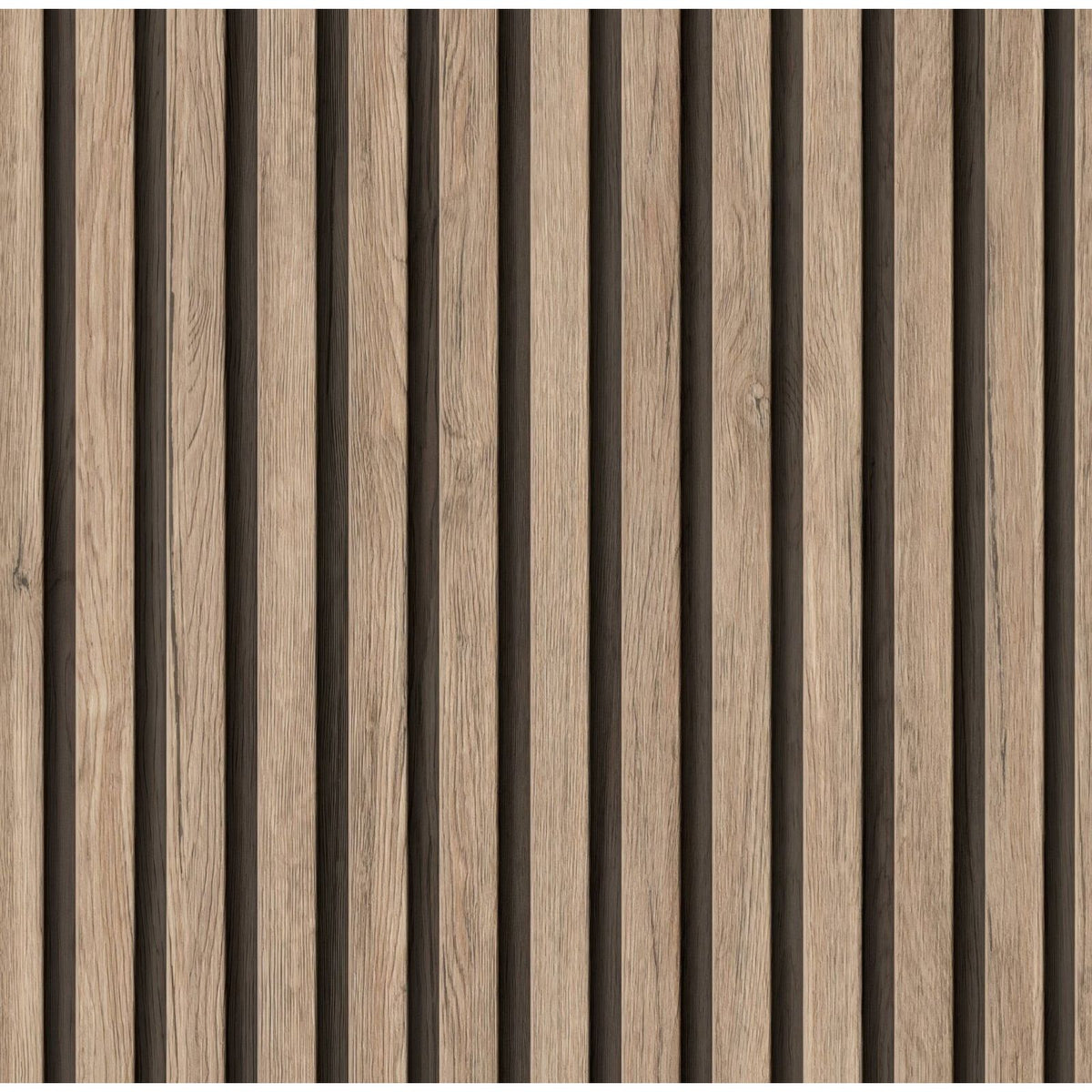 Shower panel pale walnut acoustic slatted with vertical wood slats natural light brown finish and dark gray accents