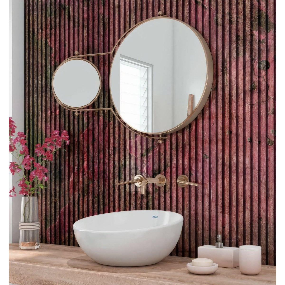 White ceramic vessel sink with sleek oval shape and subtle blue branding on rim for shower panel pink concrete slat wall