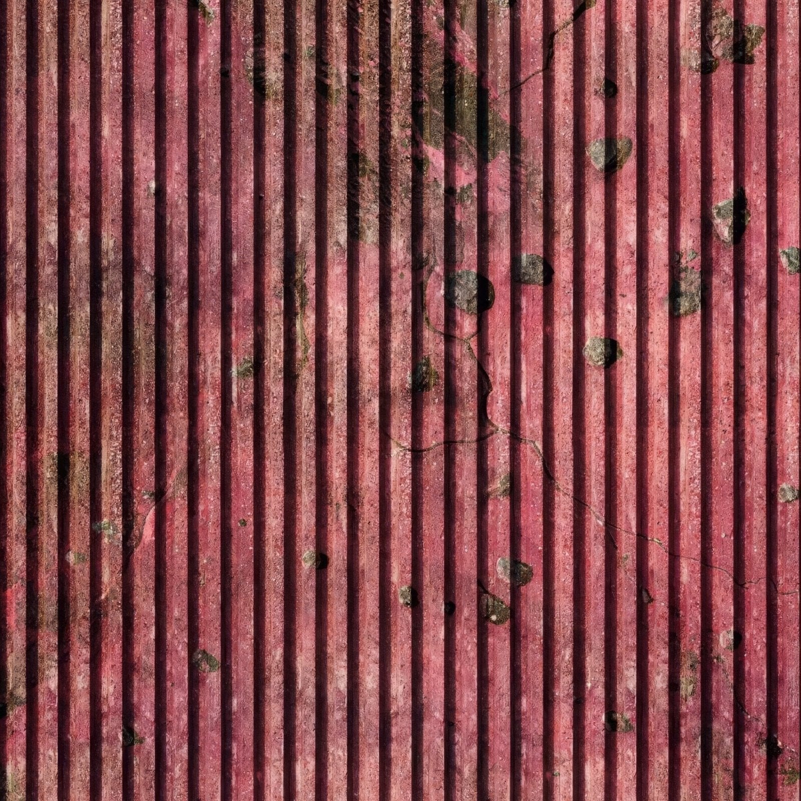 Shower panel pink concrete slat wall with weathered red corrugated metal sheet featuring vertical ridges and rust patches