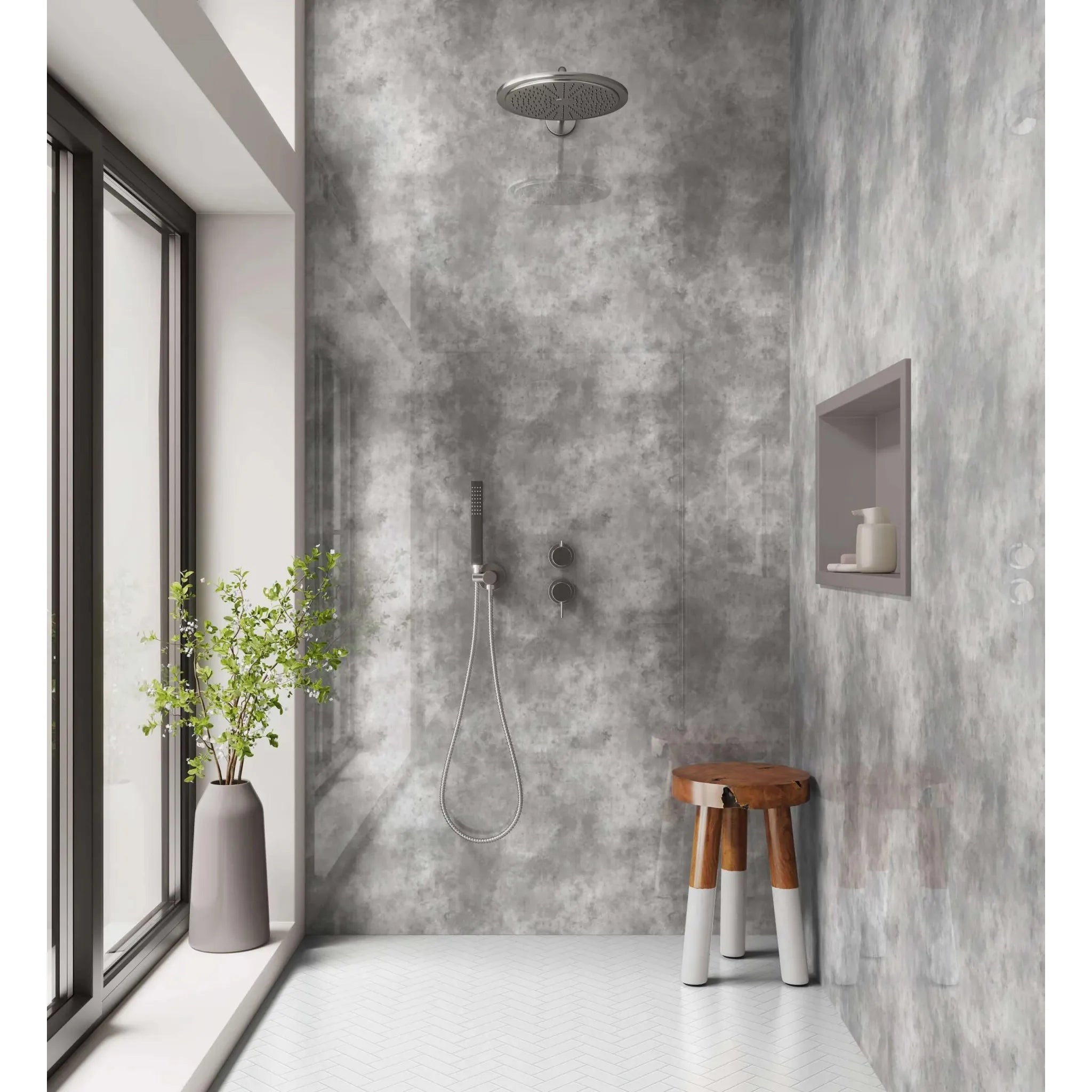 Shower Panel Smokey Marble grey smokey marble-effect shower panel with a chrome rain showerhead