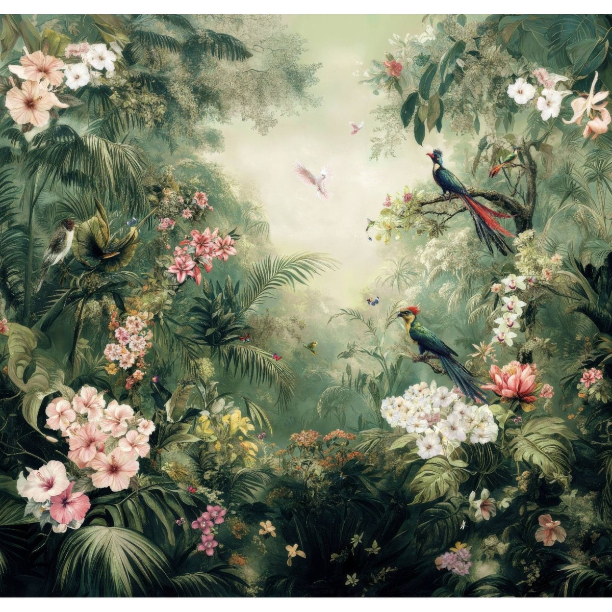 Shower panel tropical rainforest featuring a lush mural with vibrant pink and white flowers and colorful birds