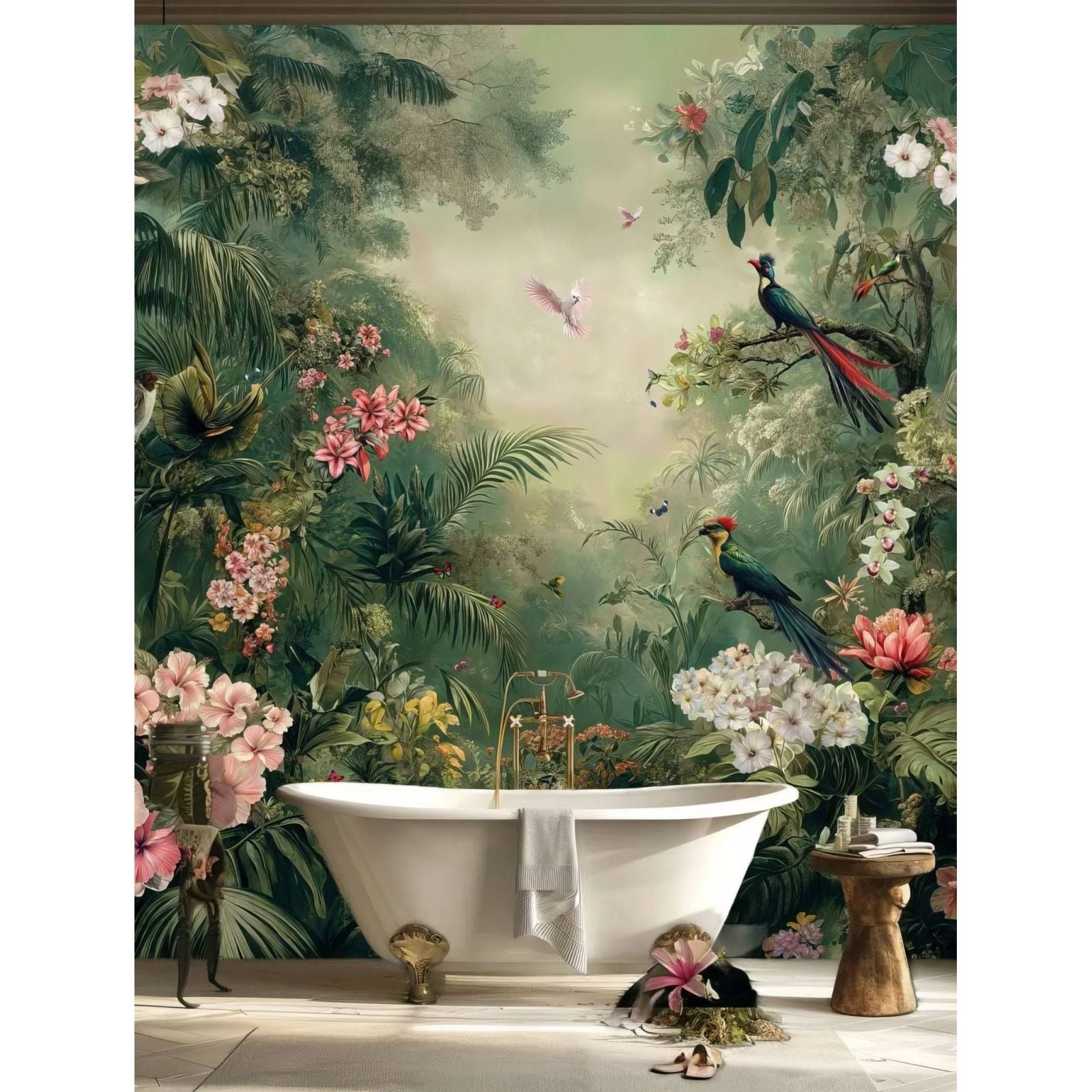 White clawfoot bathtub with gold fixtures alongside a shower panel tropical rainforest in a bathroom setting