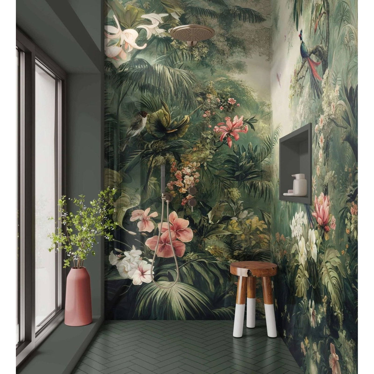 A pink ceramic vase with a slender tapered shape on the windowsill complements the shower panel tropical rainforest design