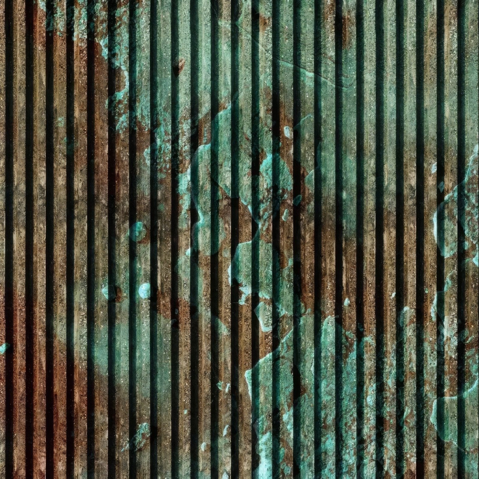 Shower panel turquoise concrete slat wall with rusted brown corrugated metal sheet and greenish-blue verdigris patches