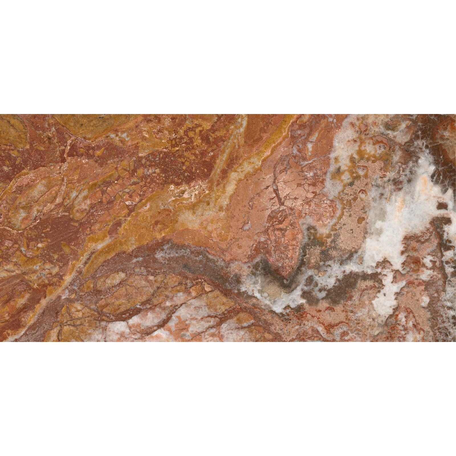 A polished slab of Sicilia porcelain brushed marble with orange and brown veins and white streaks