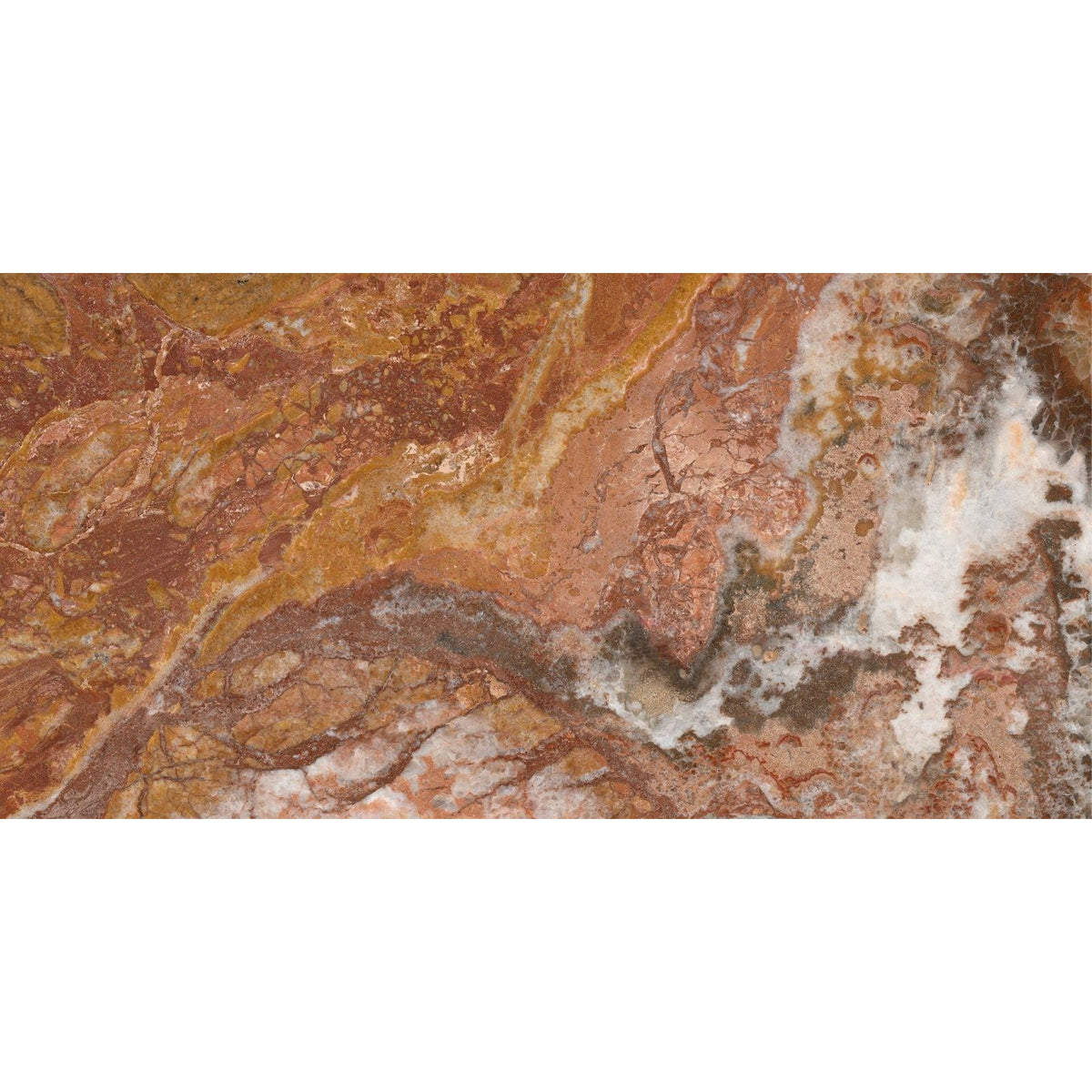 A polished slab of Sicilia porcelain brushed marble with orange and brown veins and white streaks