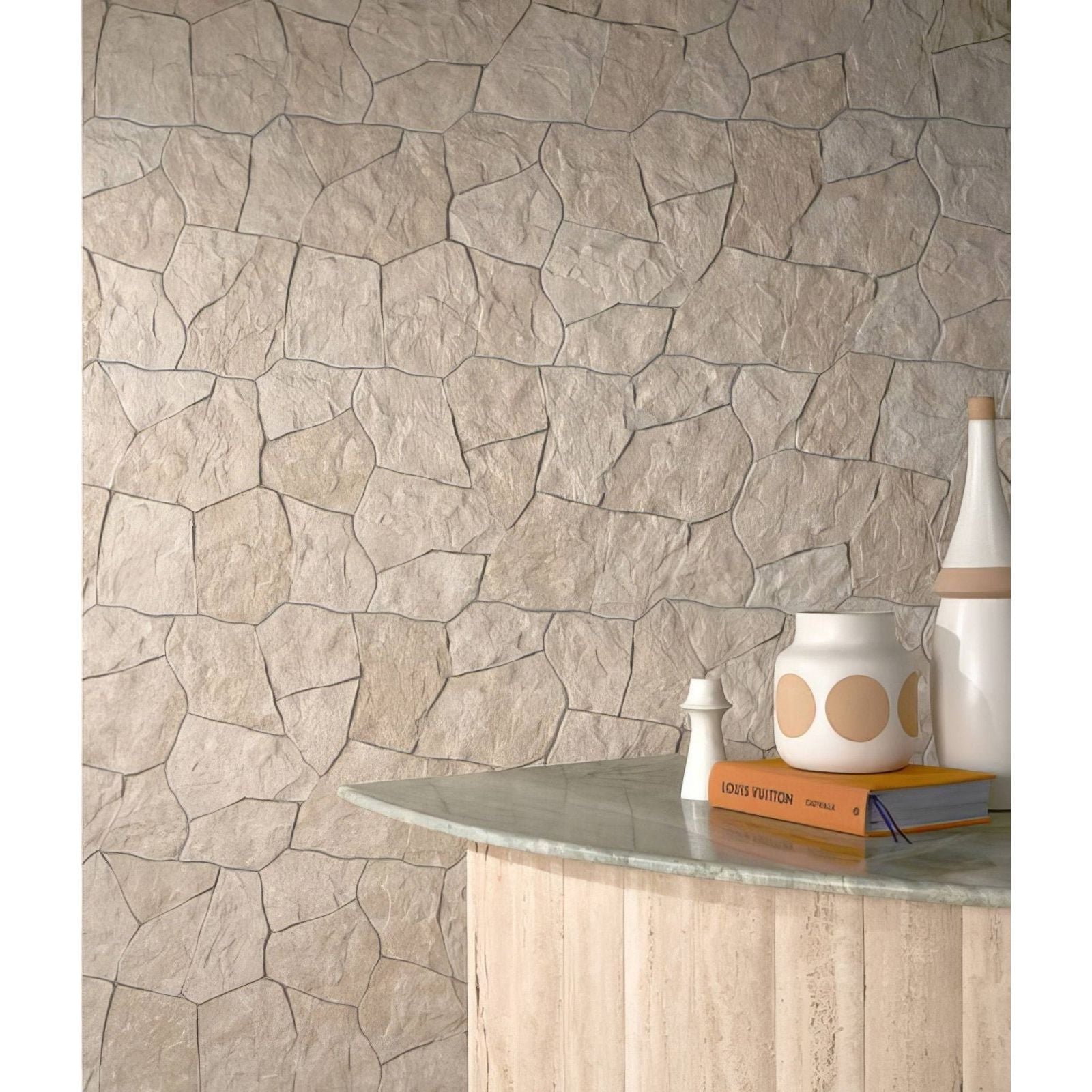 Beige sierra porcelain textured wall tile with stone effect surface and subtle gray grout lines