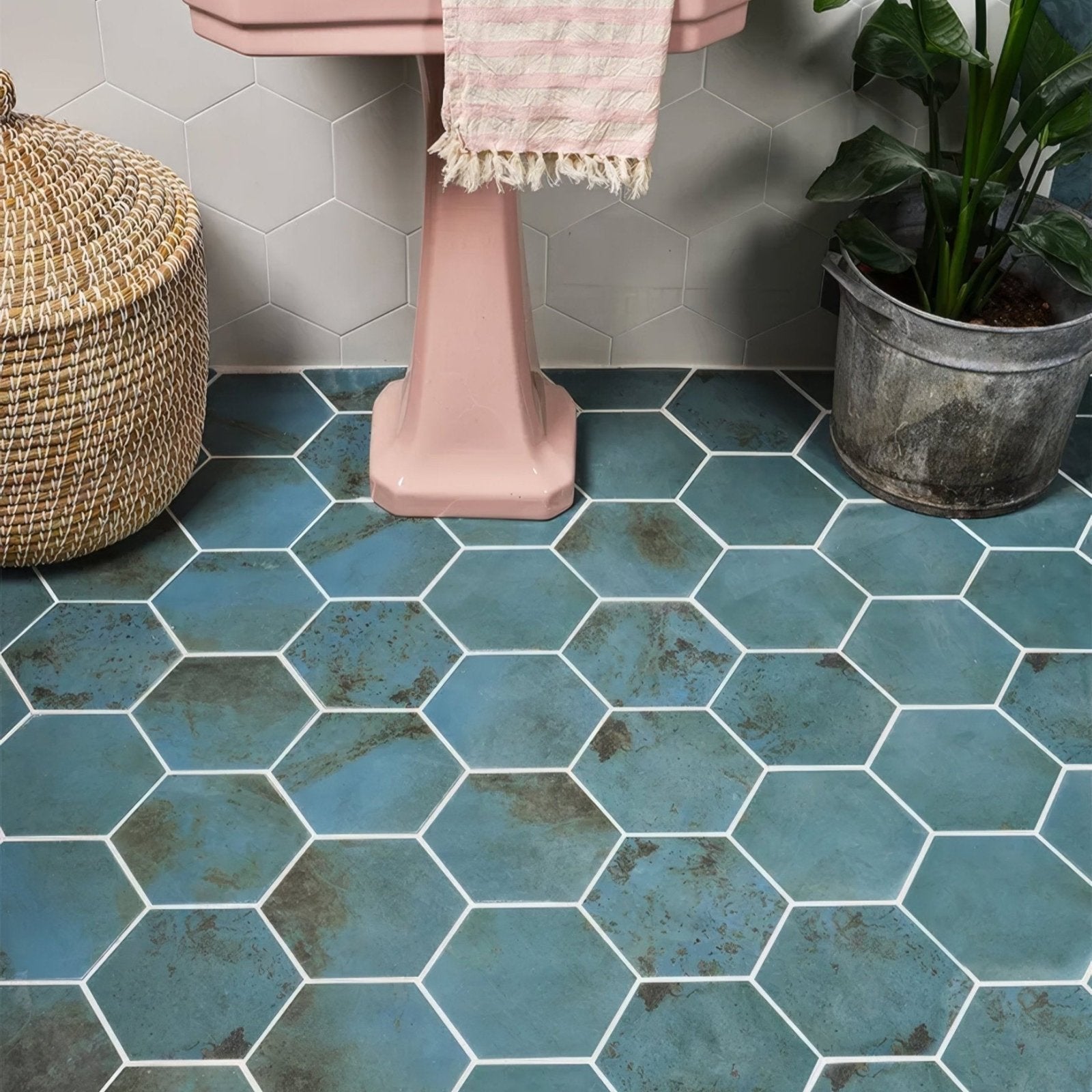 Blue hexagonal porcelain floor tiles with white grout and distressed vintage finish signature porcelain verdigris