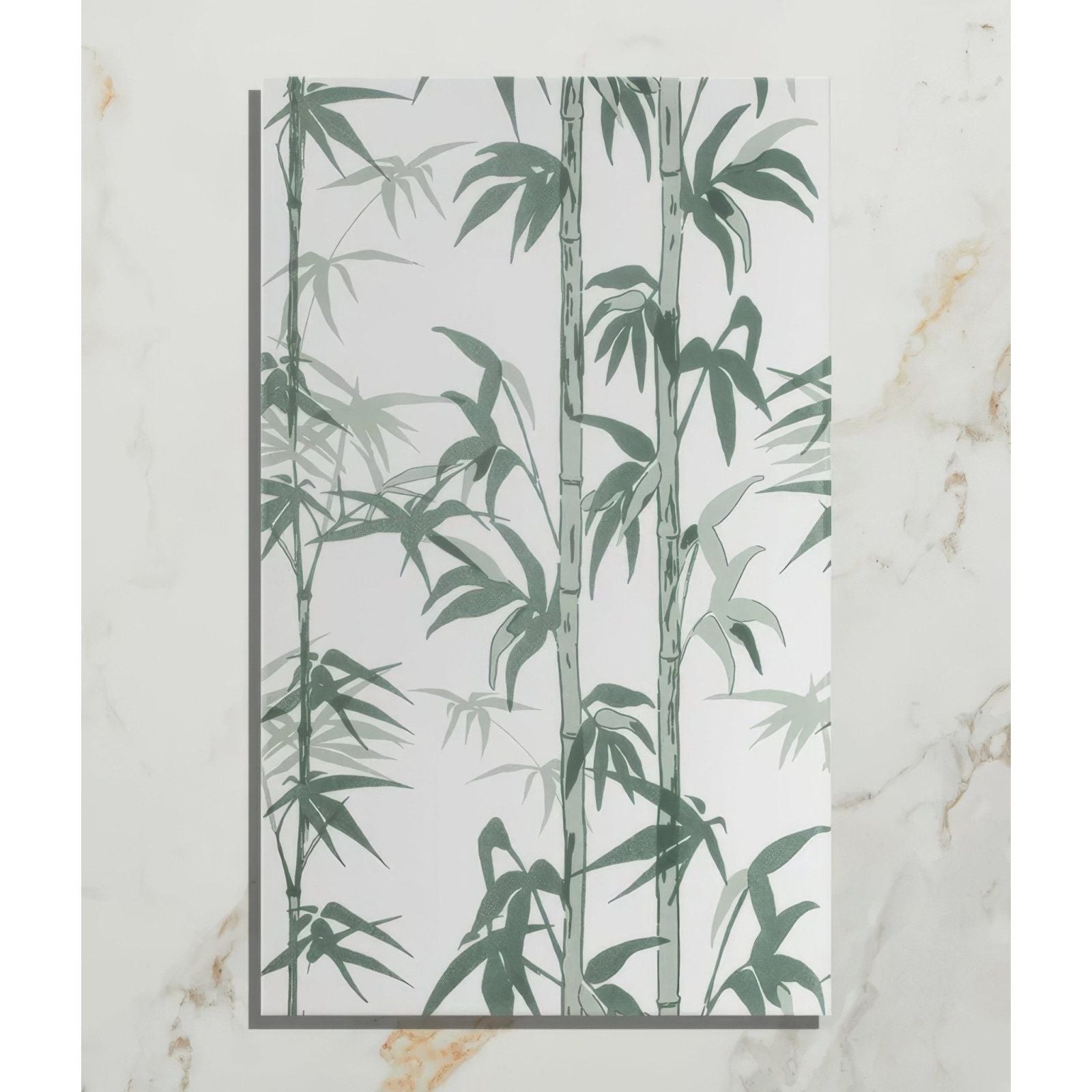 A rectangular silk screen ceramic lantau bamboo smoke green panel with green and sage leaves on off-white background