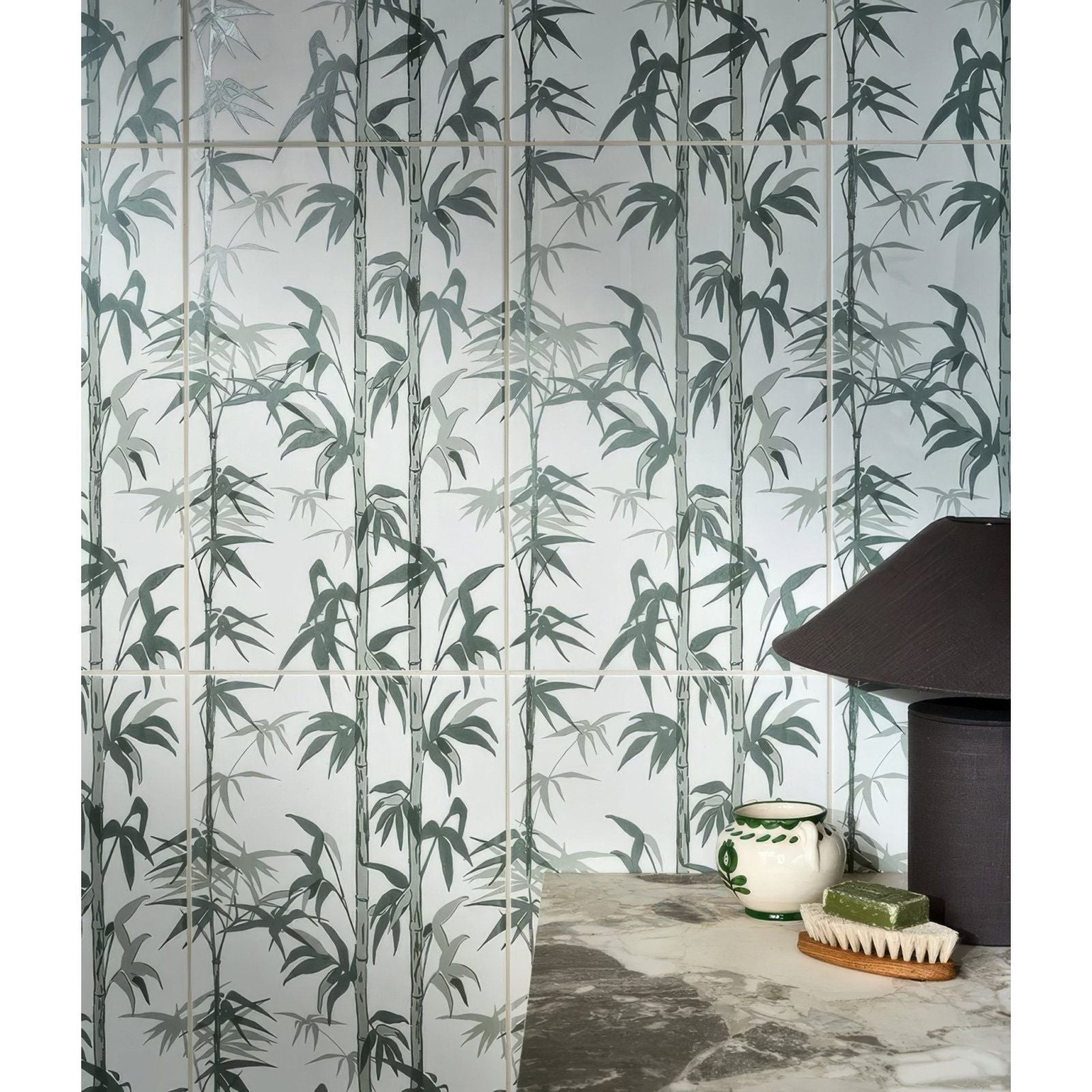Silk screen ceramic lantau bamboo smoke green tiles with bamboo pattern in subtle gray and white design