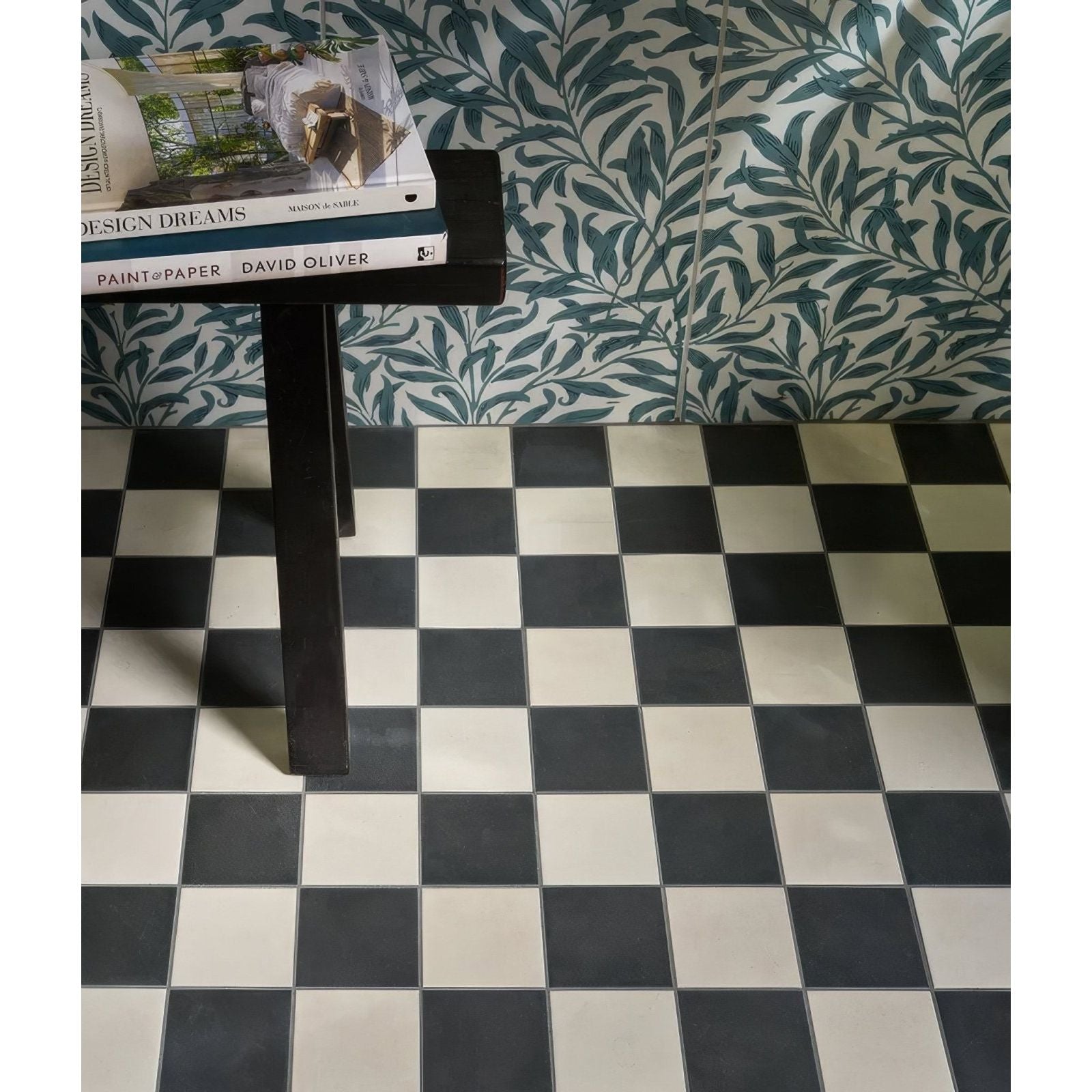Silk screen ceramic willow cottage teal featuring black and white checkered floor tiles for stylish home decor