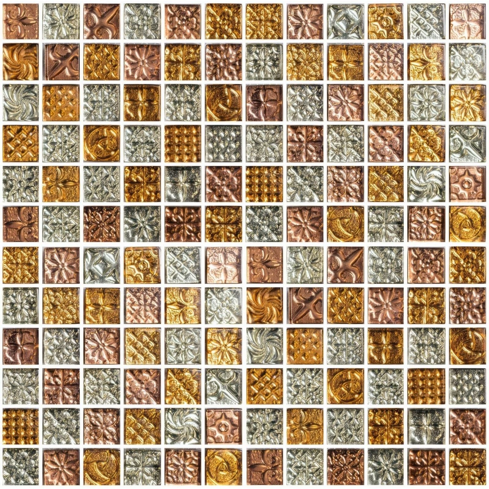 Silmaril mosaic tile panel with metallic gold copper and silver embossed floral and geometric square tiles
