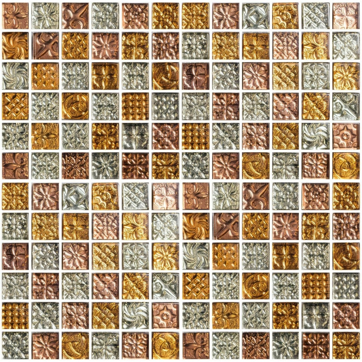 Silmaril mosaic tile panel with metallic gold copper and silver embossed floral and geometric square tiles