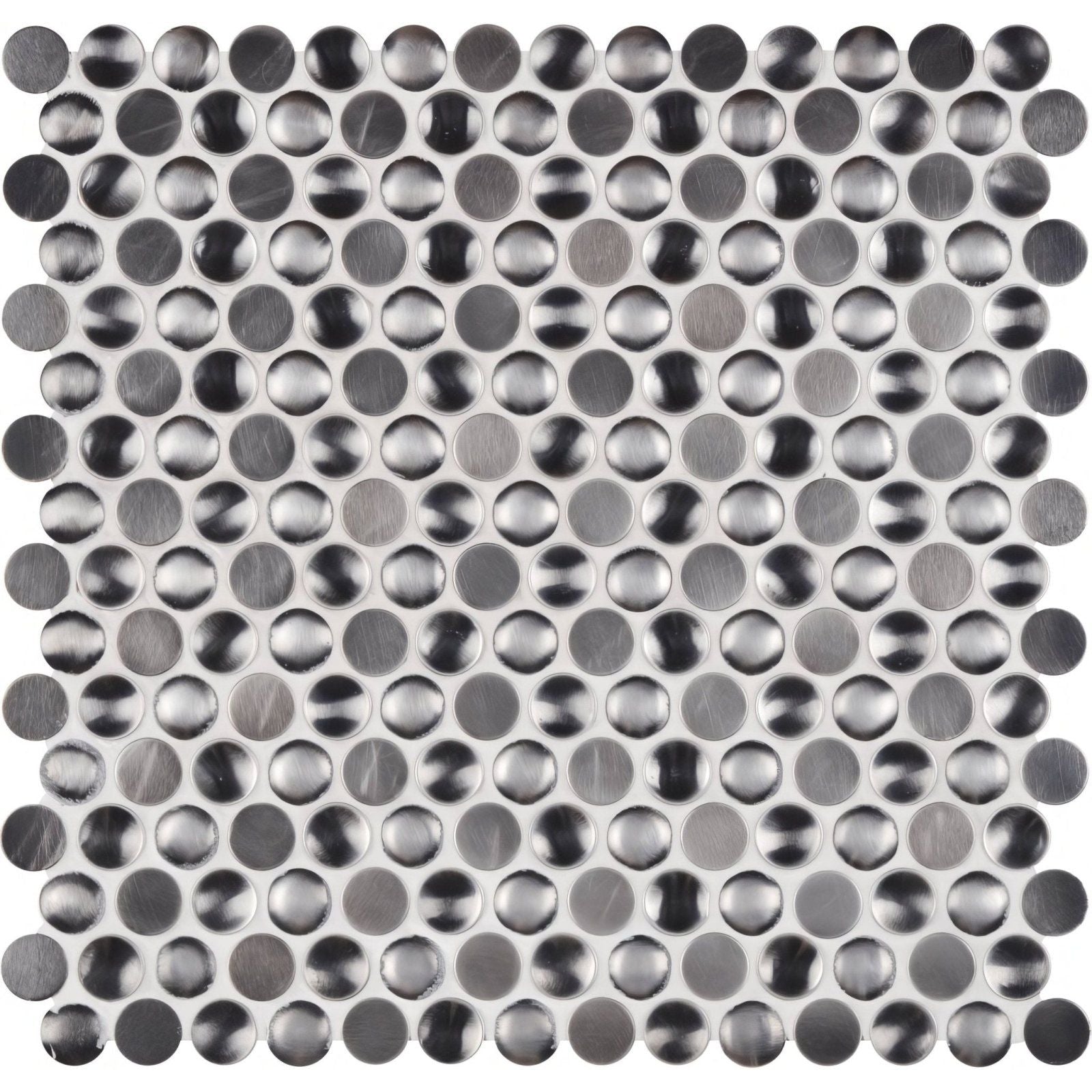 Silver link aluminium mosaic circular metallic tile with brushed silver finish and reflective uneven surface