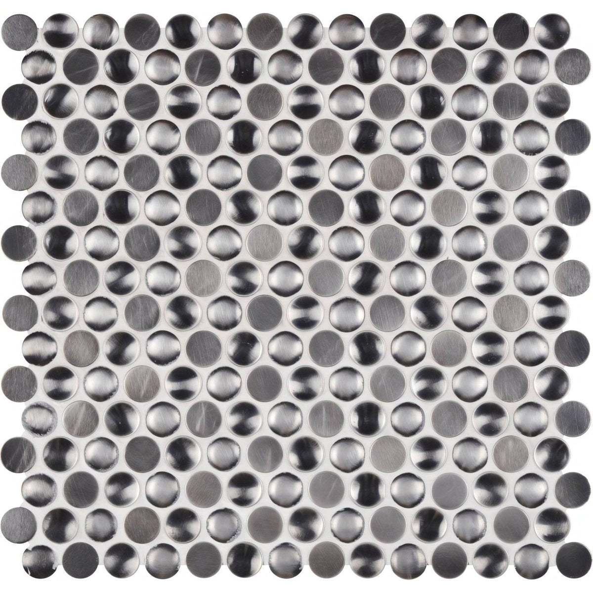Silver link aluminium mosaic circular metallic tile with brushed silver finish and reflective uneven surface